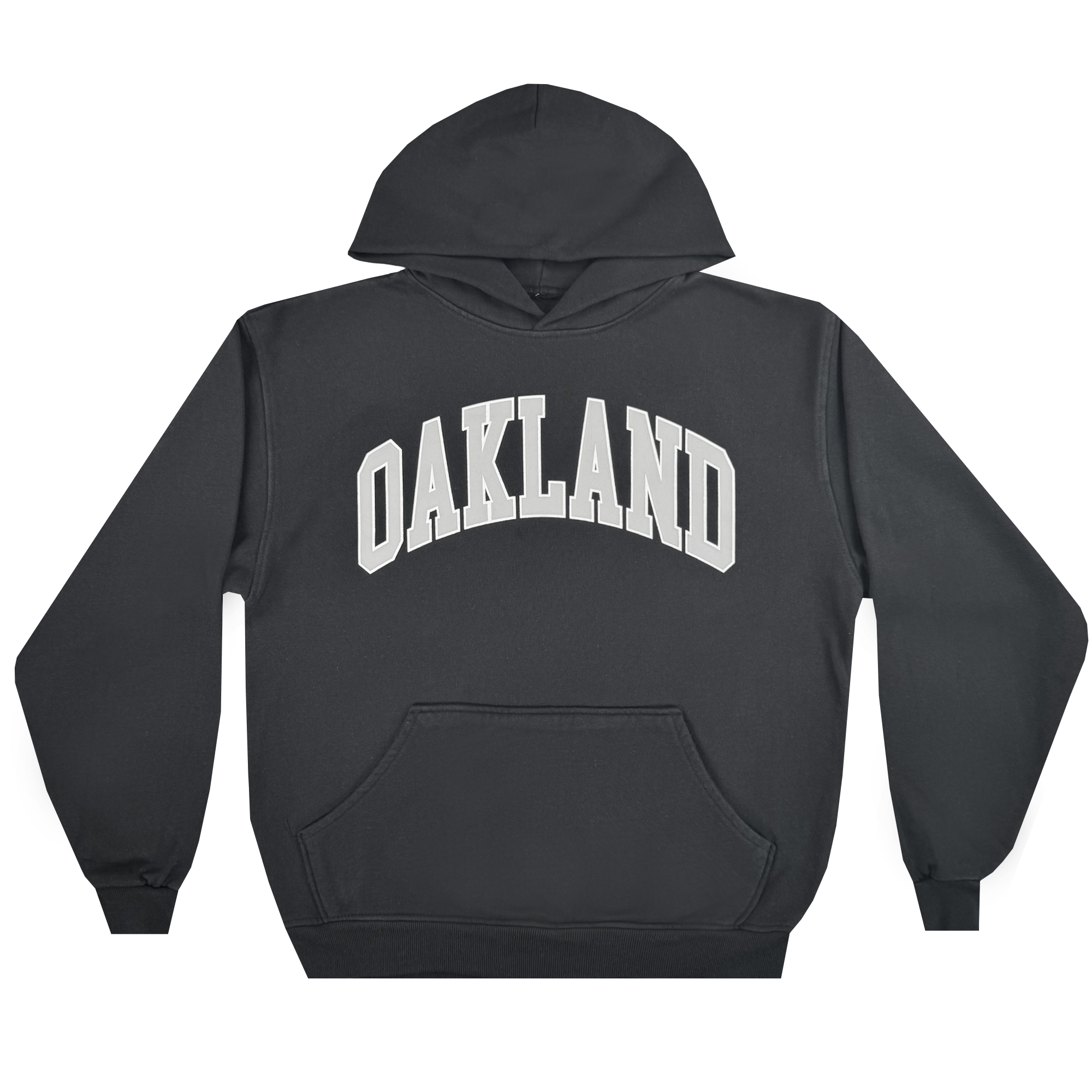The Oaklandish Alma Mater Hoodie 2.0 is a black men's pullover with a front pocket, featuring bold white "OAKLAND" varsity letters across the chest. The oversized fleece sweatshirt is shown laid flat on a plain white background.