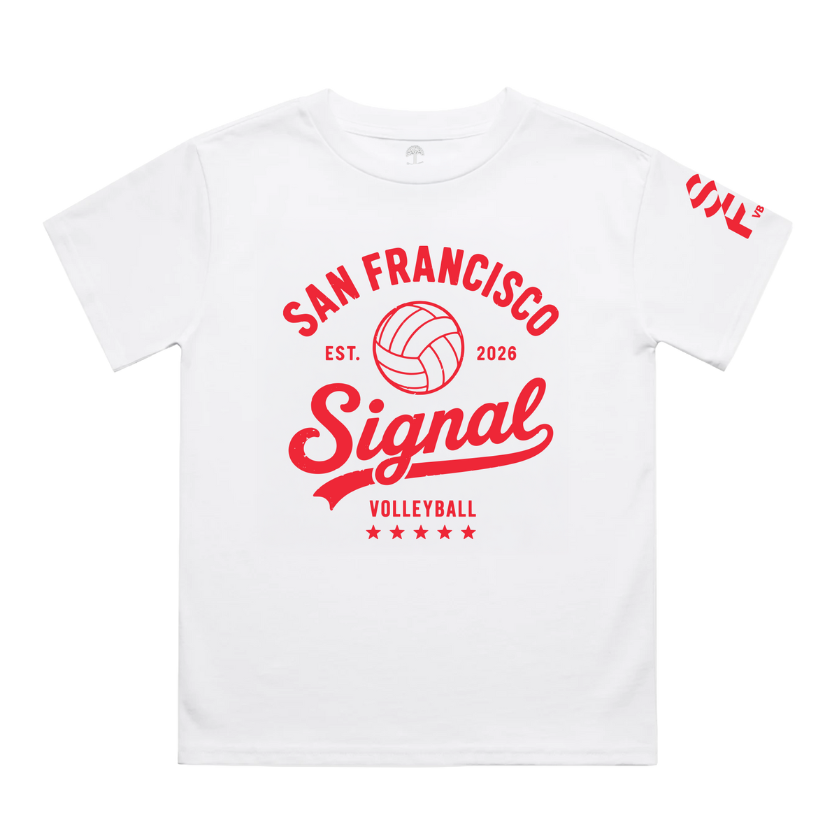 The white, 100% cotton Youth Approach Tee by SF Signal features red graphic text reading “San Francisco,” “Signal,” and “Volleyball” with five stars on the chest and a small red logo on the left sleeve.
