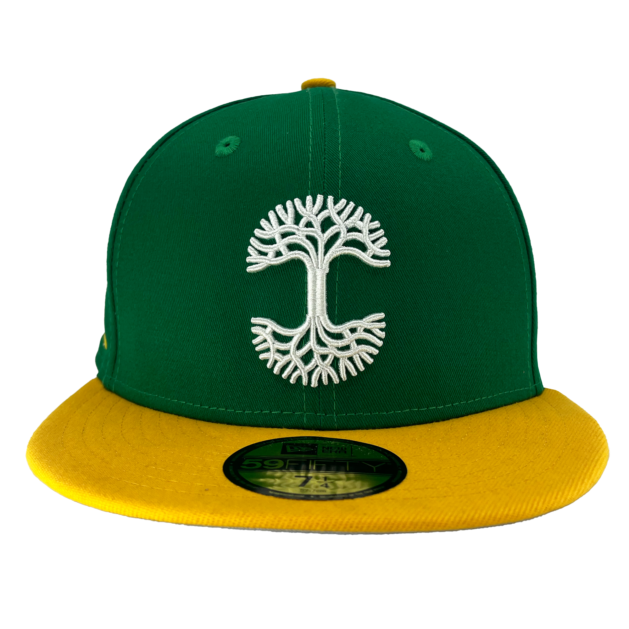 Green New Era cap with yellow bill and a white embroidered Oaklandish tree logo on the crown.
