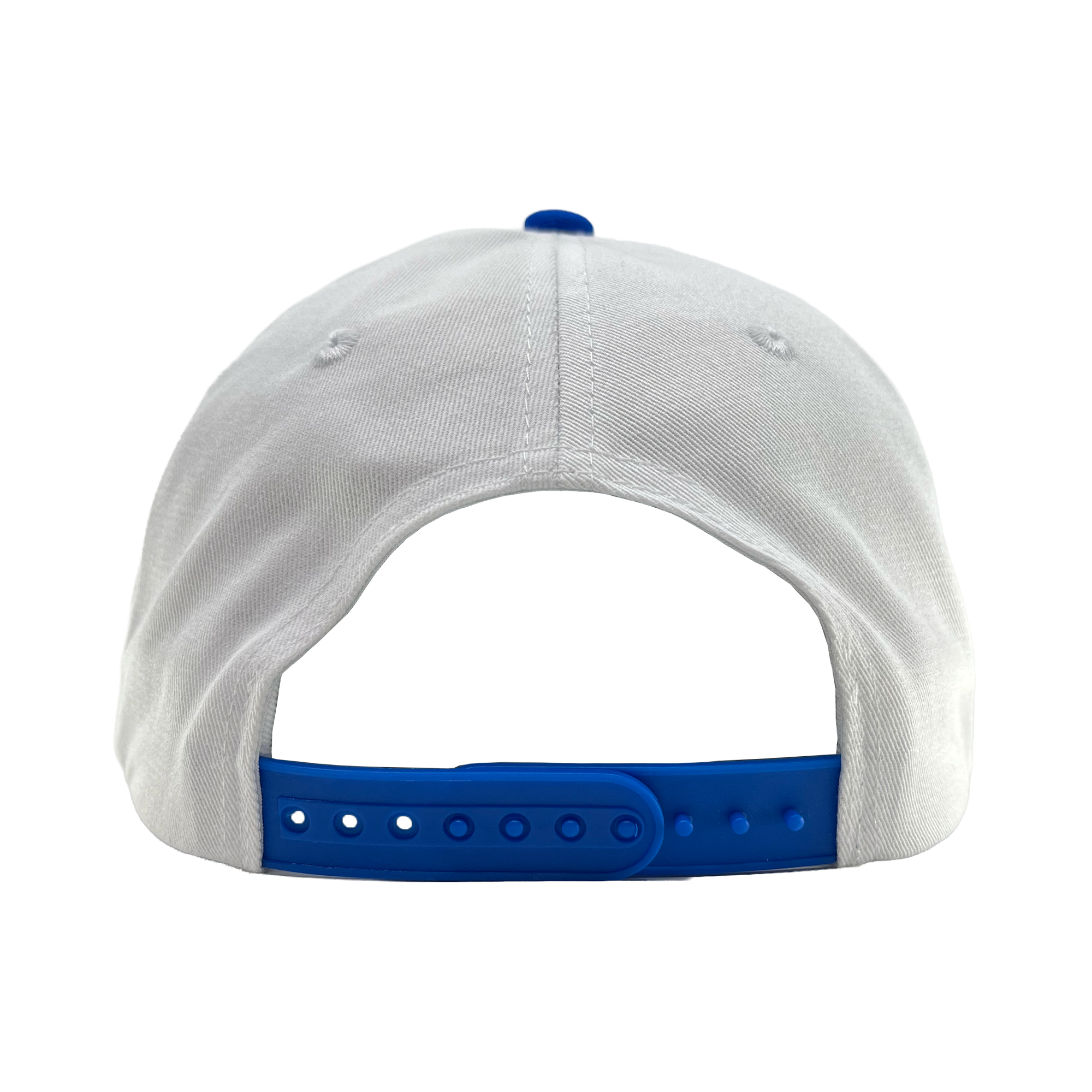A white Oakland Ballers 5 Panel Cap is shown from the back, featuring a blue adjustable snapback closure with several holes and a plastic strap. The plain white background highlights the cap’s visible stitching and two small ventilation holes on each side, making it a stylish accessory for any Oakland Ballers fan.