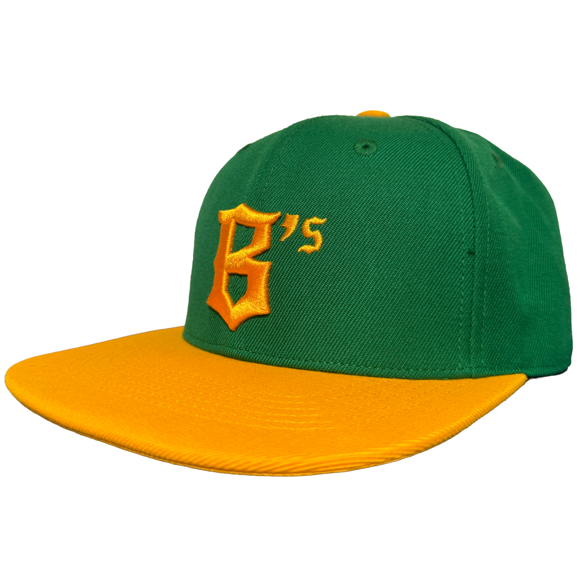 The Oakland Ballers Snapback features a green cap with a yellow brim and button, plus a large yellow embroidered "B" and smaller "'s" on the front—boldly celebrating the Oakland Ballers’ team colors. Plain white background enhances its vibrant look.