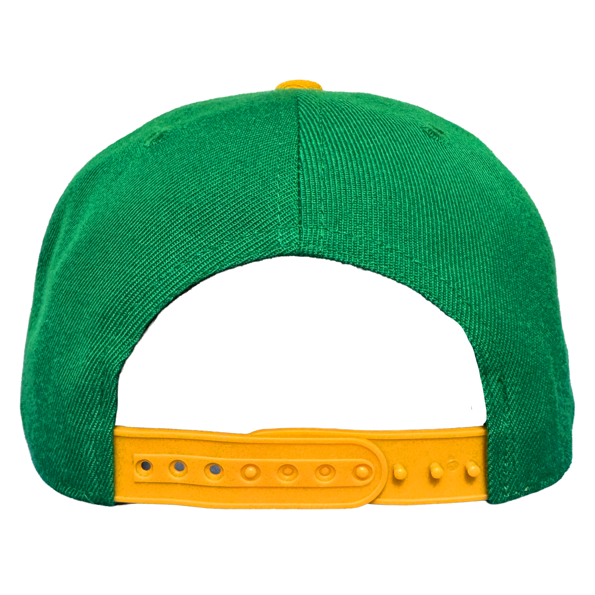The Oakland Ballers Snapback by Oakland Ballers is a green cap shown from the back, featuring a yellow adjustable strap with multiple holes and a yellow top button, all set against a plain white background.