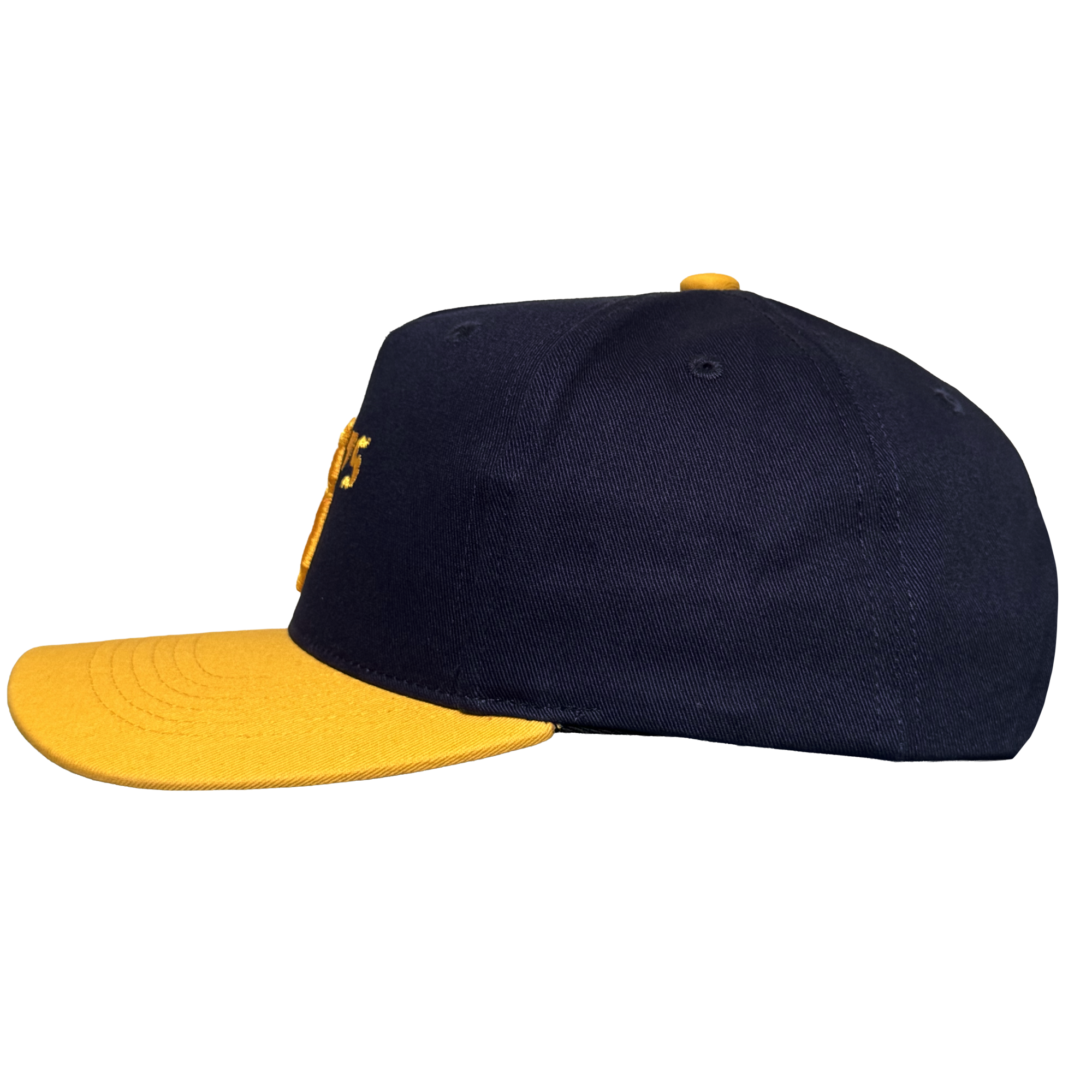 The Oakland Ballers 5 Panel Cap by Oakland Ballers features a navy blue snapback design, flat bright yellow brim, and matching yellow top button. Seen from the side on a white background, partial yellow embroidery appears on the front.