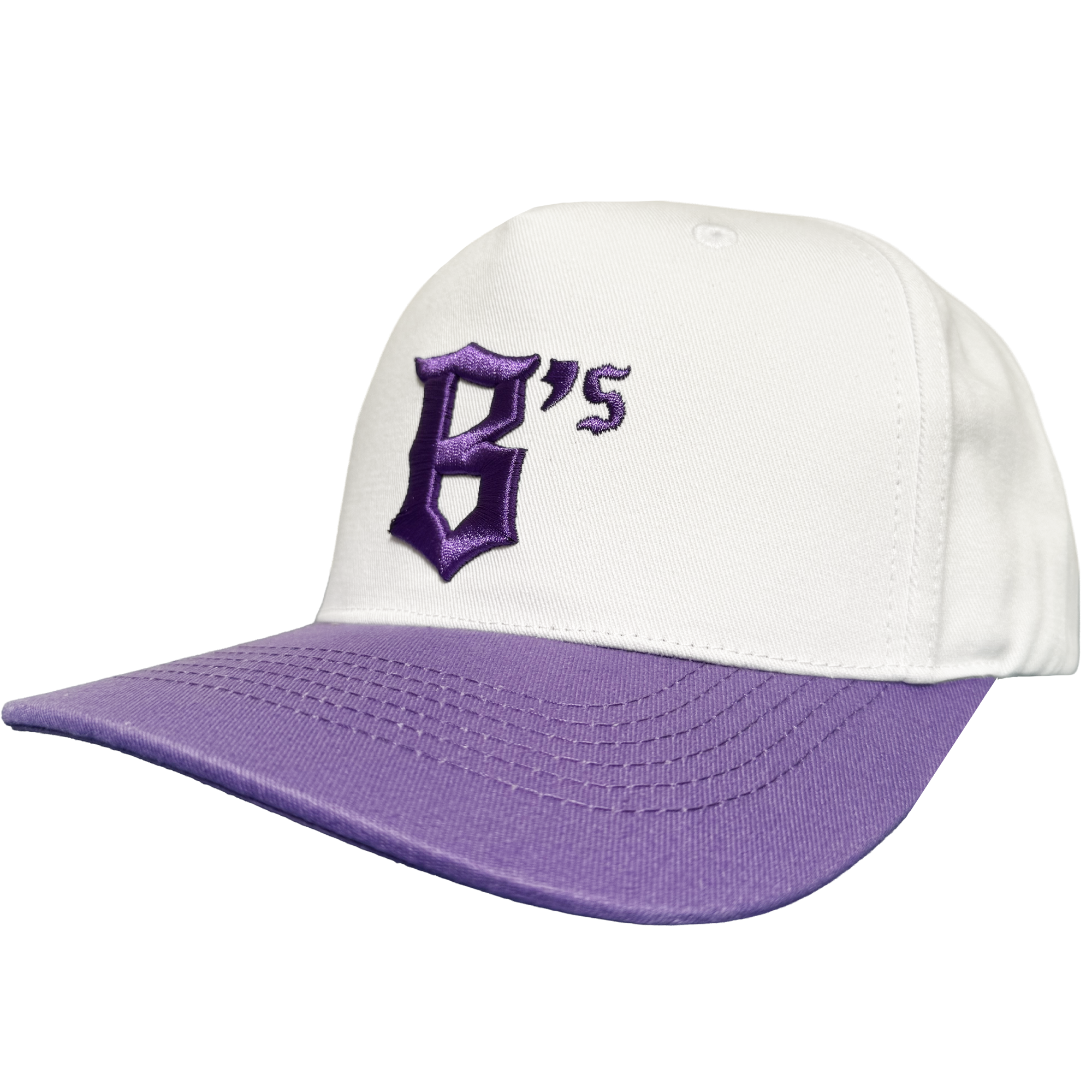 The Oakland Ballers 5 Panel Cap by Oakland Ballers is a white snapback featuring a purple brim and a raised, purple embroidered “B’s” in gothic font on the front, referencing the Oakland Ballers baseball team. The cap is photographed against a plain white background.