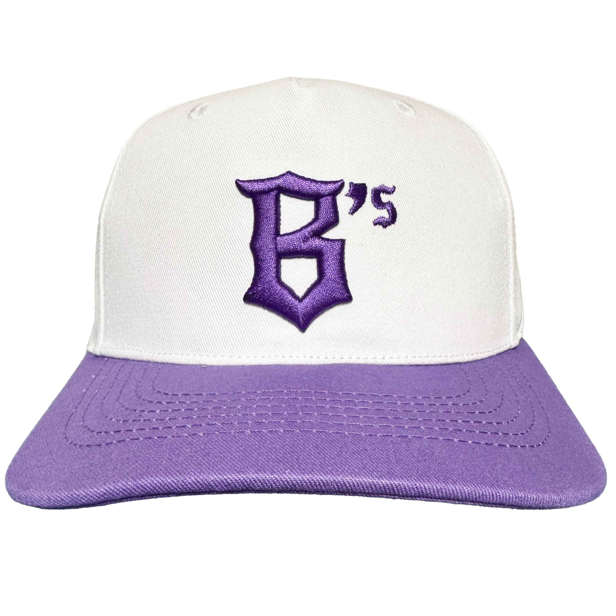 A front-facing view of the Oakland Ballers 5 Panel Cap by Oakland Ballers features a white crown with a light purple brim. The cap showcases an embroidered, stylized purple “B’s” logo on the front, honoring the dynamic Oakland Ballers baseball team. Set against a plain white background, detailed stitching is visible across the brim and crown.