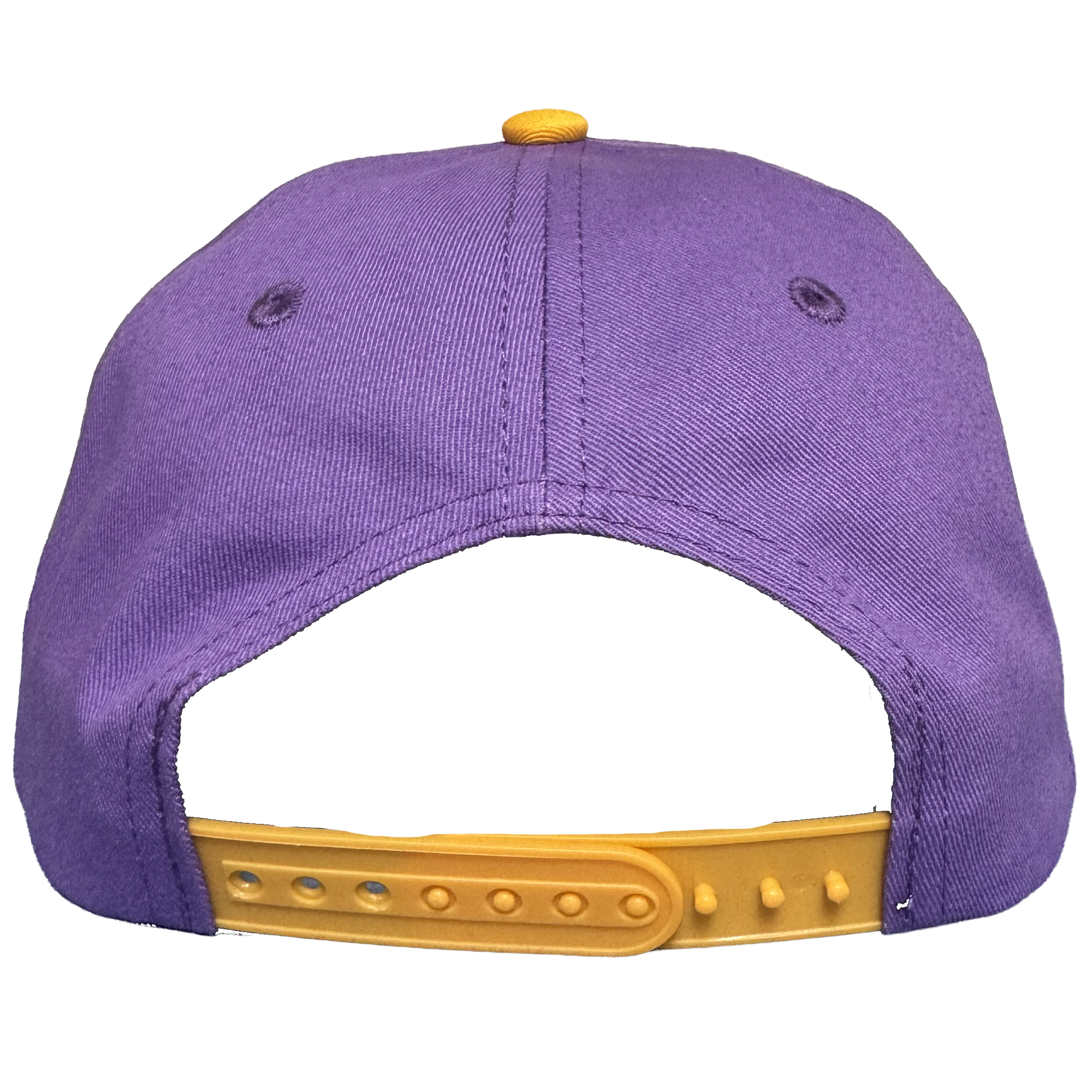 The Oakland Ballers 5 Panel Cap is displayed from the back, highlighting its vibrant purple color and a yellow adjustable snapback closure. Two small embroidered eyelets are visible on either side near the top, and the textured fabric and detailed stitching capture the energetic style of Oakland Ballers merchandise. The background is a plain light gray.