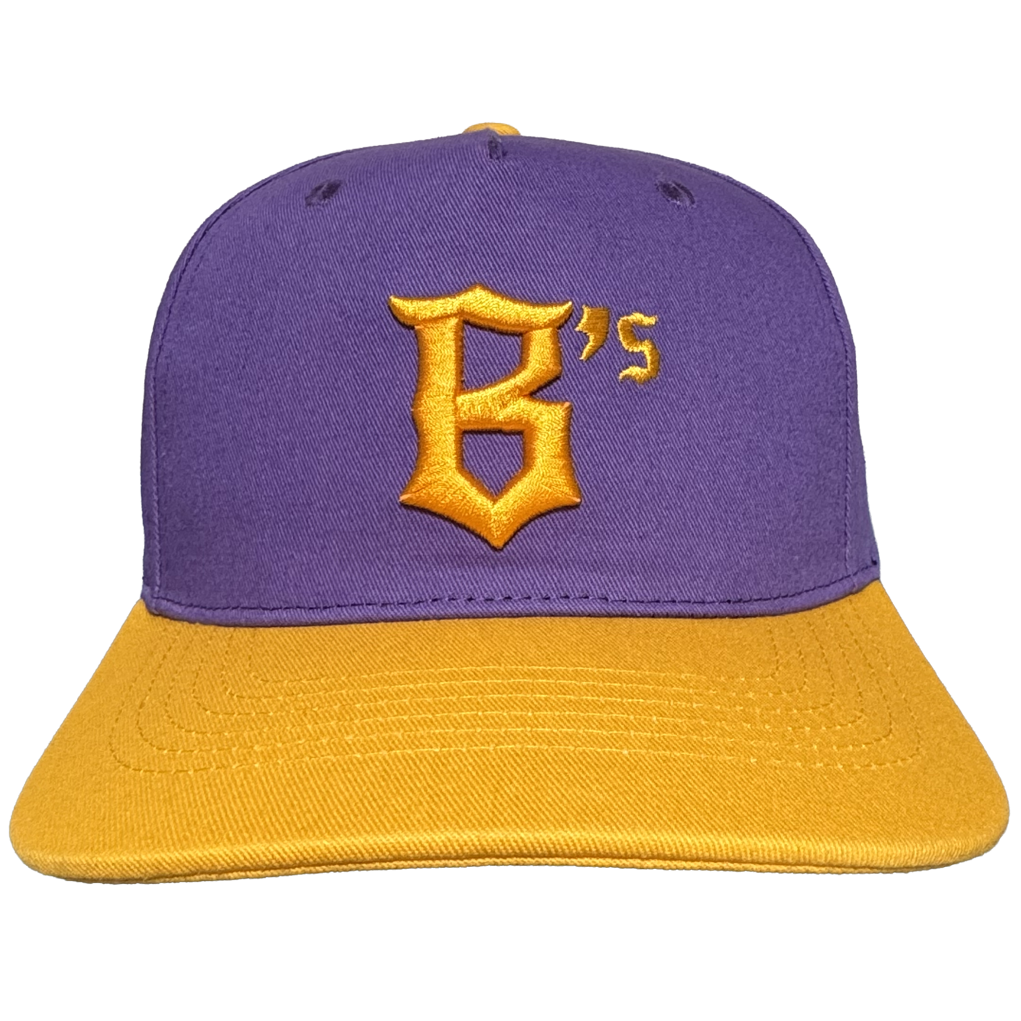 The Oakland Ballers 5 Panel Cap by Oakland Ballers features a stylish purple snapback design with a flat gold brim. On the front, it showcases a prominent gold letter “B” with an embroidered gold “’s” in the top right corner, both in a distinctive font that pays homage to the Oakland Ballers. The cap is finished with two small black ventilation holes on top, blending comfort and style—perfect for any fan of Oakland’s baseball team.