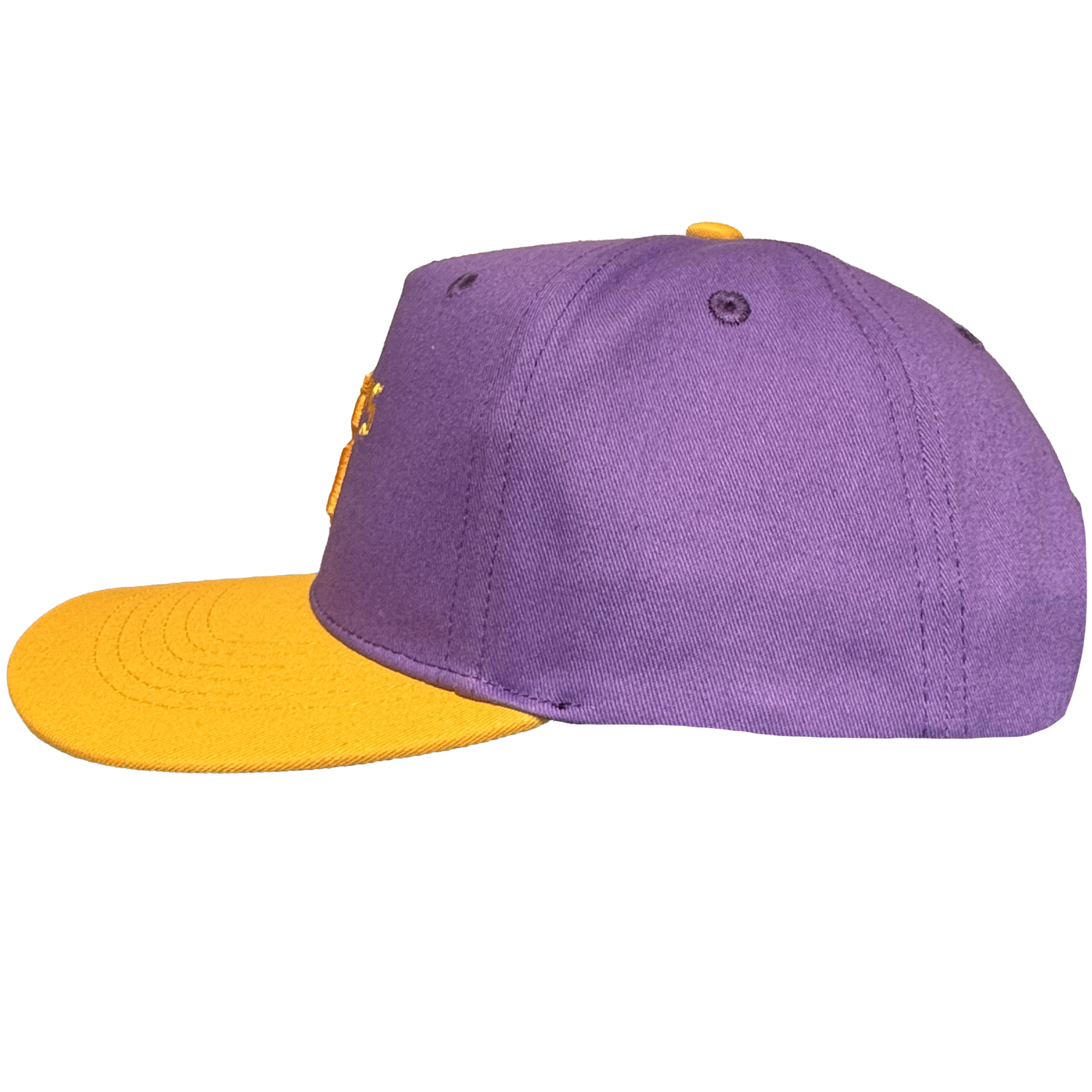 The Oakland Ballers 5 Panel Cap by Oakland Ballers features a purple crown with a flat yellow visor and a matching yellow top button, inspired by the team’s iconic colors. This snapback hat is pictured from the side, highlighting its visible stitching and two eyelets against a plain white background.