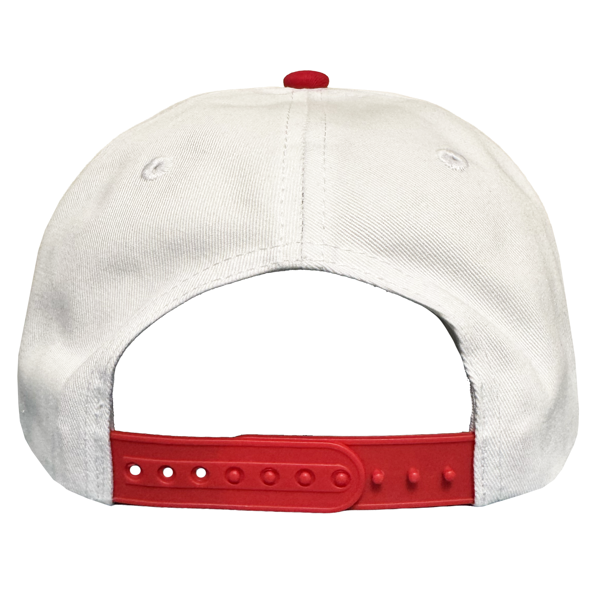 The Oakland Ballers 5 Panel Cap, by Oakland Ballers, is a white snapback viewed from the back with a red adjustable strap, red top button, two small ventilation holes, and set against a plain white background.