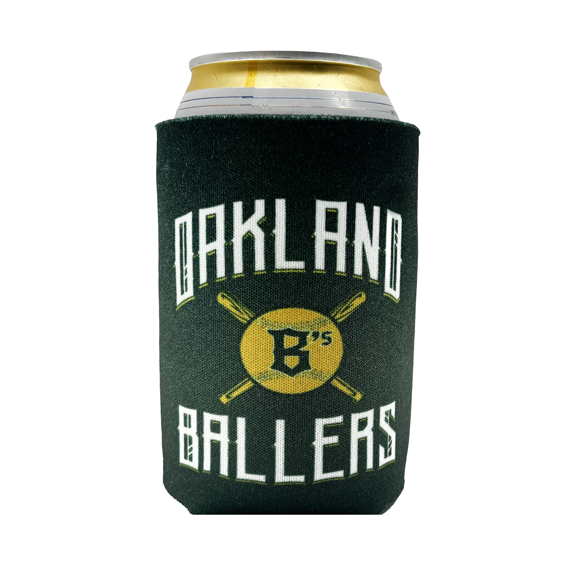 Here is a rewritten version of the sentence using the given product data:
The Oakland Ballers 12oz Can Cooler, created by Oakland Ballers, features a black exterior with bold white text and a striking yellow logo. The text reads "Oakland Ballers" in a bold, stylized font, representing the new professional baseball team in the Pioneer League. The logo showcases intersecting baseball bats with the letter "B" at their center. A yellow beverage can is snugly placed inside the cooler.
