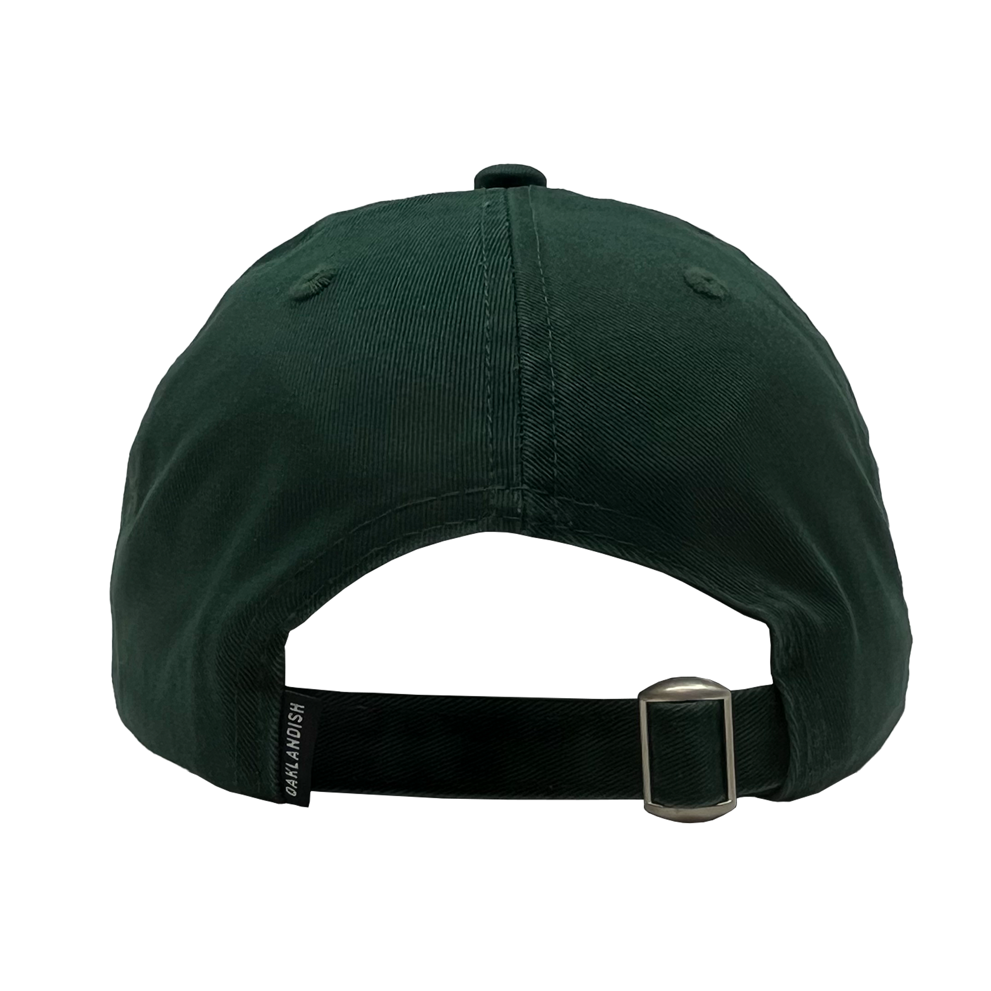 Angled side view of green Oakland Ballers Dad Hat , with adjustable strapback, and small Oaklandish wordmark tag.