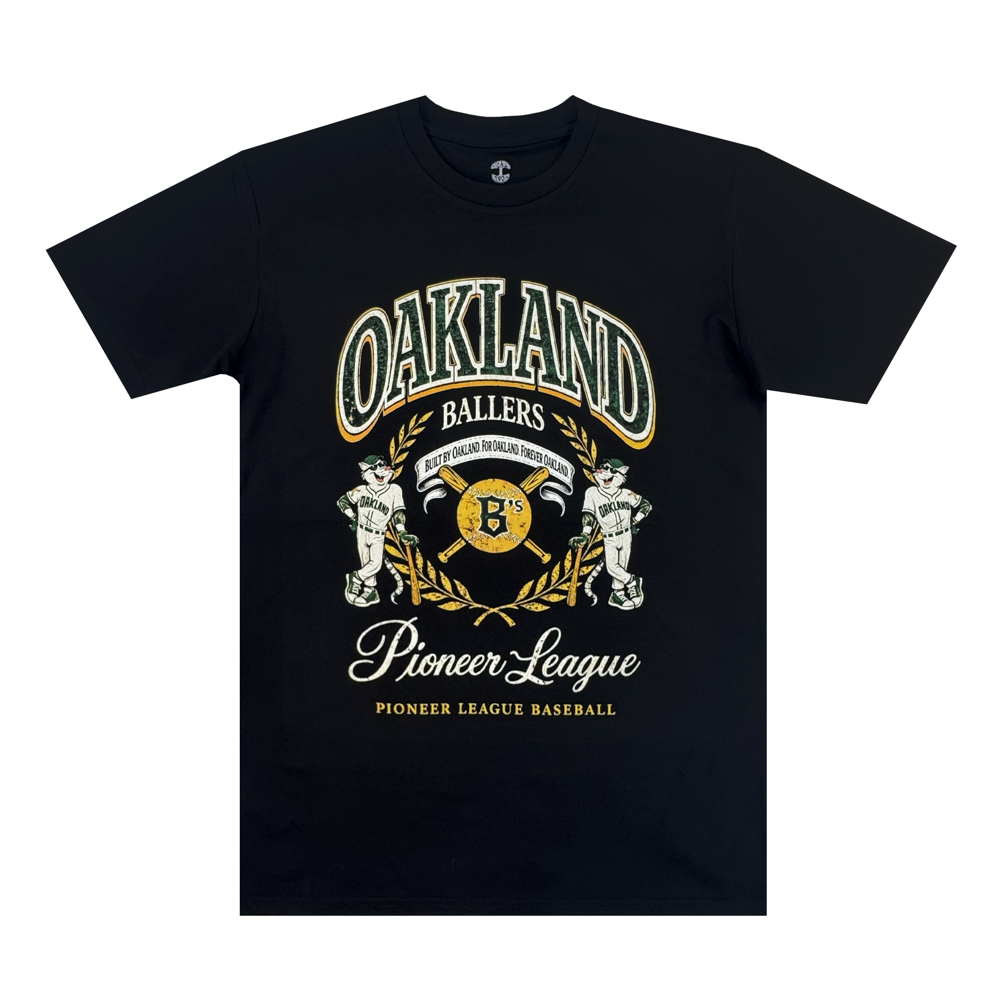 The Oakland Ballers Double Tee is a black T-shirt with "OAKLAND BALLERS" in bold over a vintage Oakland baseball team logo of two cartoon players, plus “Pioneer League” and “Pioneer League Baseball” in yellow and white script and block fonts.