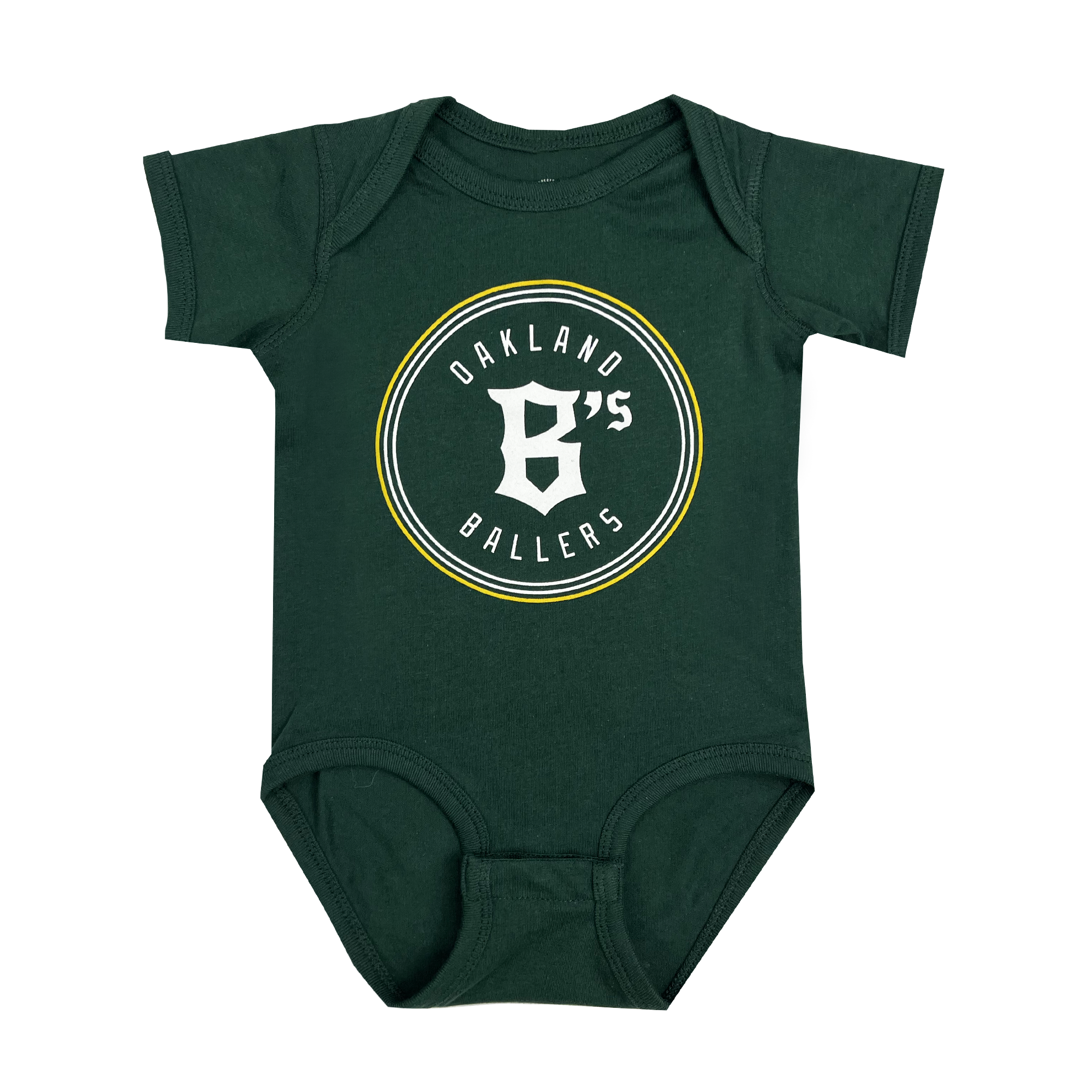 Baby one-piece in forest green with yellow and white Oakland Ballers logo centered .