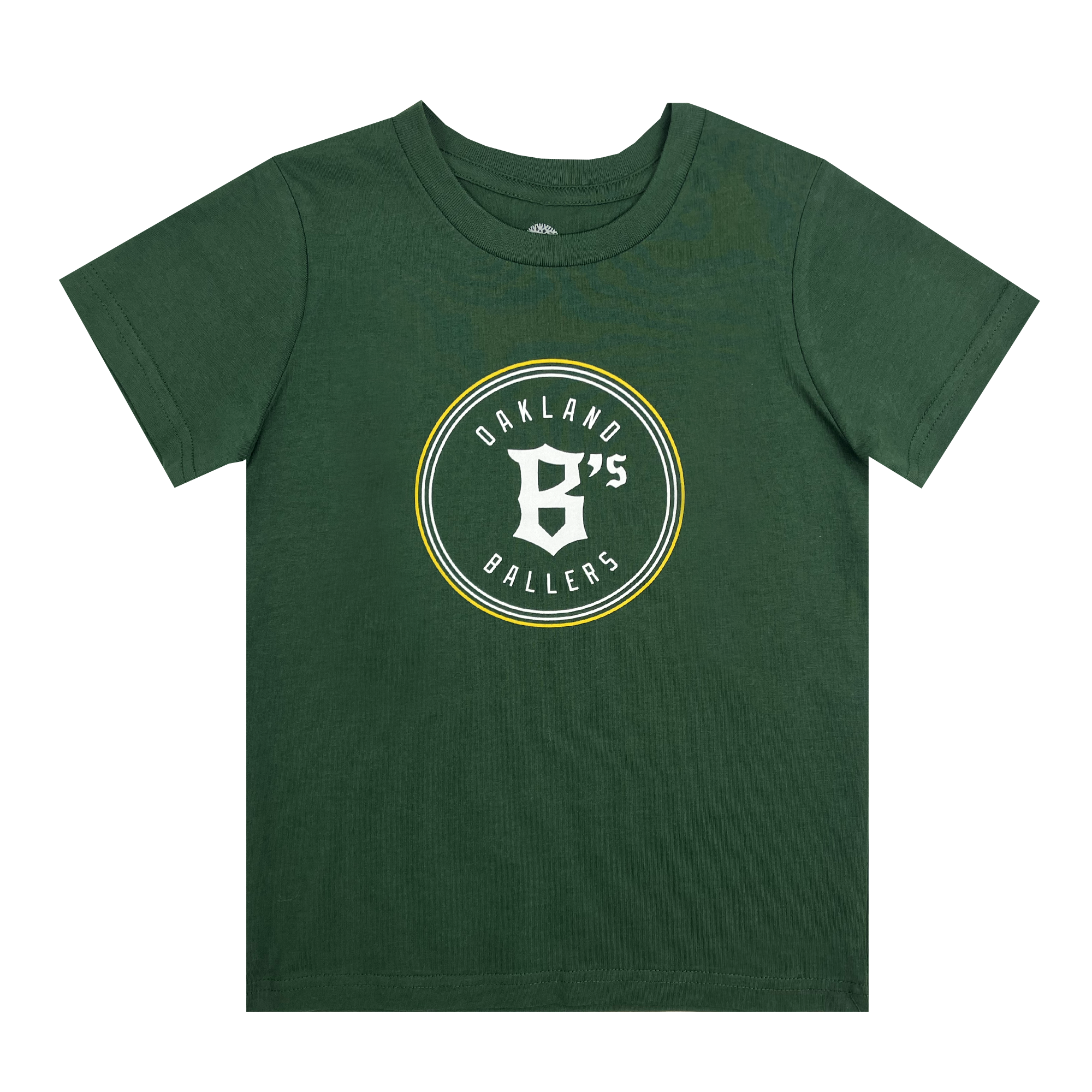 The Toddler Oakland Ballers Logo Tee by Oakland Ballers is a green, short-sleeved T-shirt featuring a circular logo in the center with the text "Oakland Ballers" celebrating their professional baseball team in the Pioneer League. The text and logo, displaying a large "B's," are in white and yellow. The shirt is laid out flat.