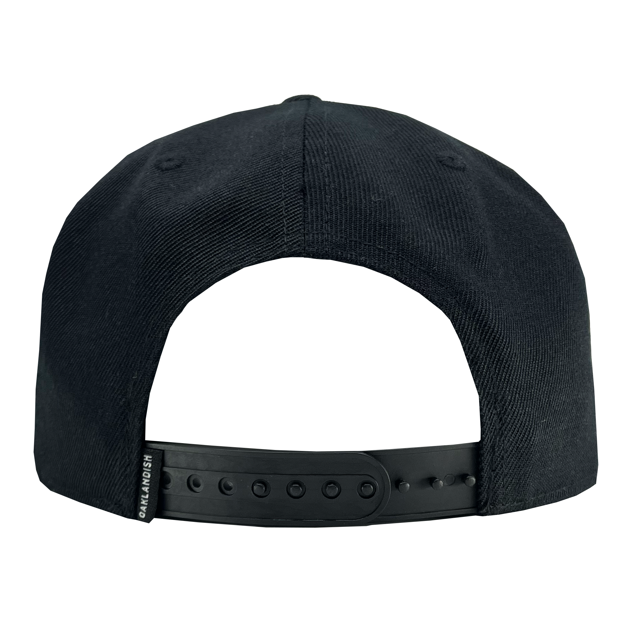 Backside view of black ball cap with adjustable snapback closure and Oaklandish wordmark tag.
