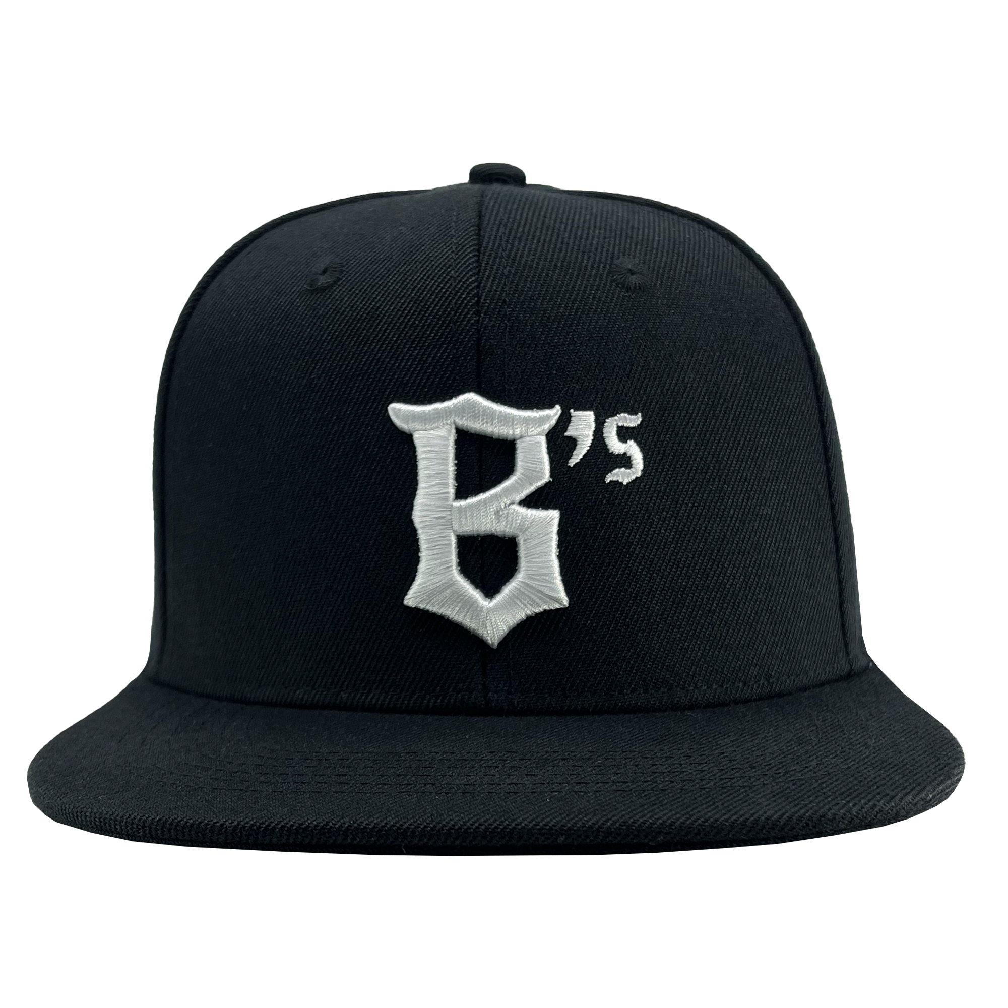 The Oakland Ballers Snapback, branded by Oakland Ballers, is a black baseball cap with a flat brim. It features a large white letter "B" followed by a small white apostrophe and "s," all embroidered in a bold, stylized font on the front panel. The plain white background accentuates the cap's design and color details, inspired by the iconic Oakland Ballers professional baseball team.