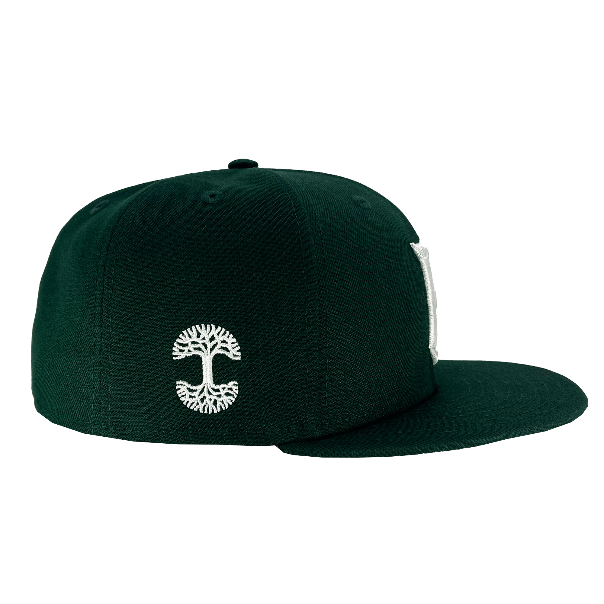Wearer's right view of Oaklandish Tree logo on New Era 59FIFTY Dark Green Oakland Ballers fitted.