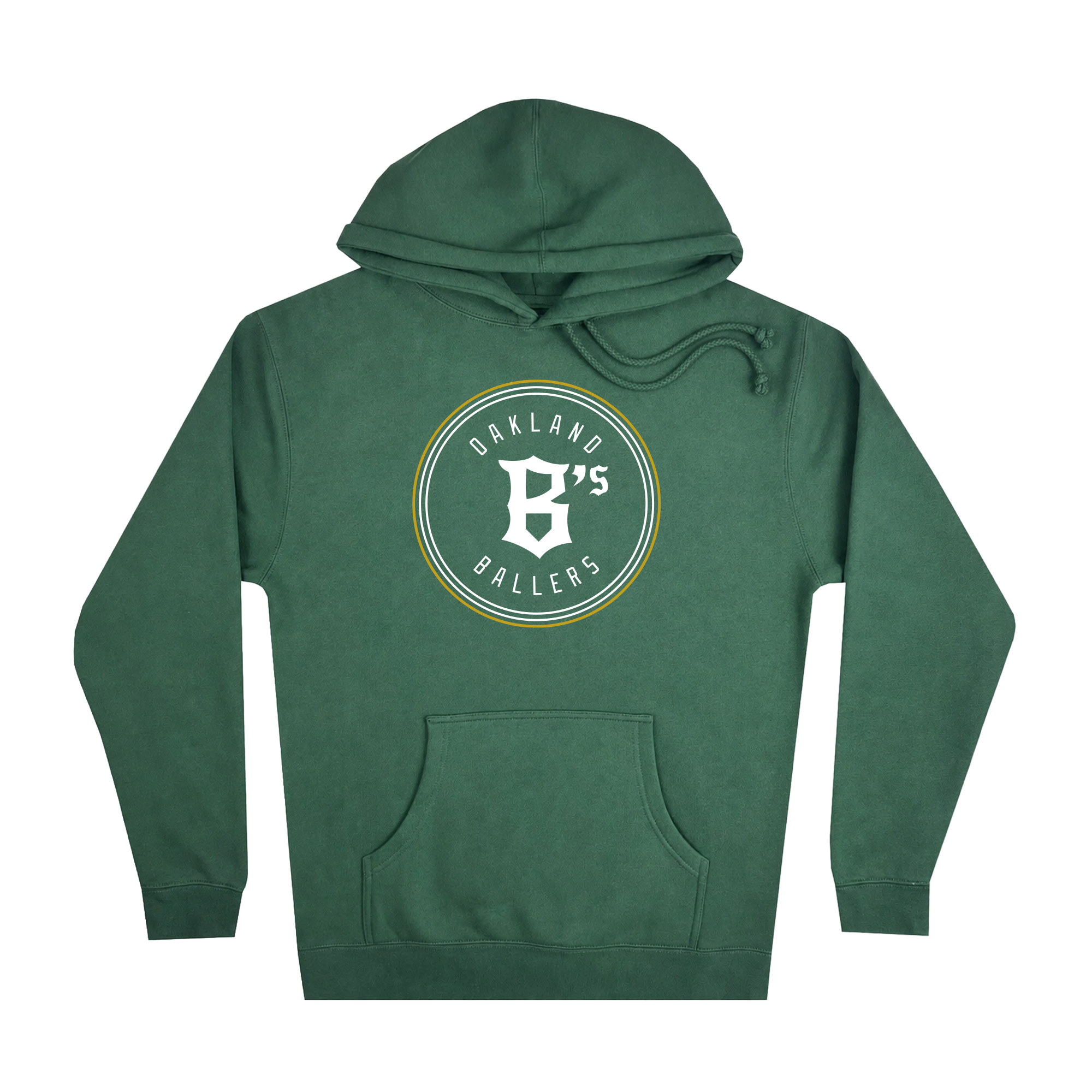 The Oakland Ballers Logo Heavyweight Hoodie by Oakland Ballers is a green sweatshirt featuring a large white "B" in a circular logo and "Oakland B’s Ballers" printed on the chest to celebrate the Oakland Ballers pro baseball team. This hoodie includes a front pocket, a drawstring hood, and is displayed against a plain white background.