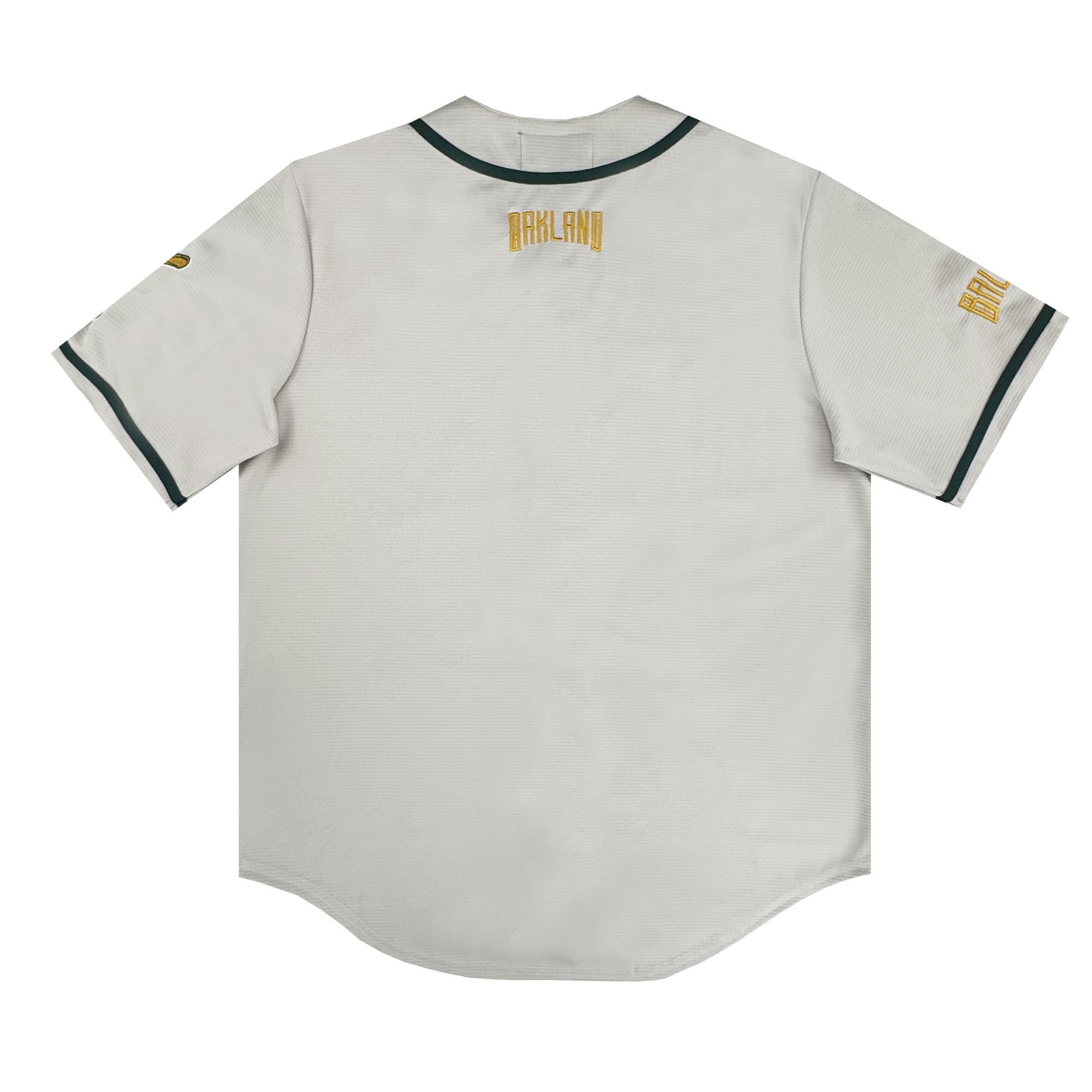 The Oakland Ballers Button Up Jersey is a white shirt with green trim inspired by the Pioneer League, perfect for Oakland Ballers fans.