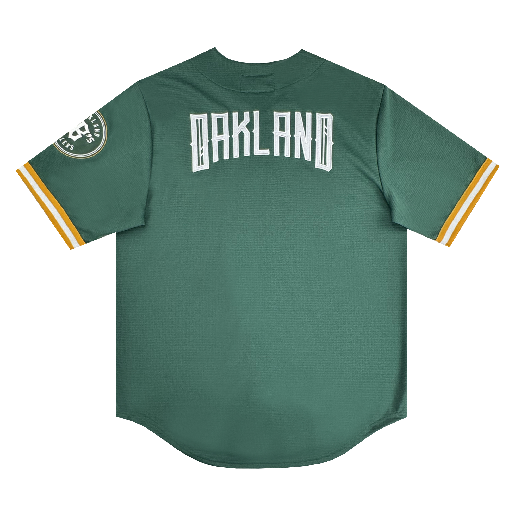 The Oakland Ballers Button Up Jersey by Oakland Ballers is green with "OAKLAND" in white block letters on the back, yellow and white striped sleeves, and an Oakland Ballers Pioneer League logo patch on the left sleeve. Shown laid flat, back view.