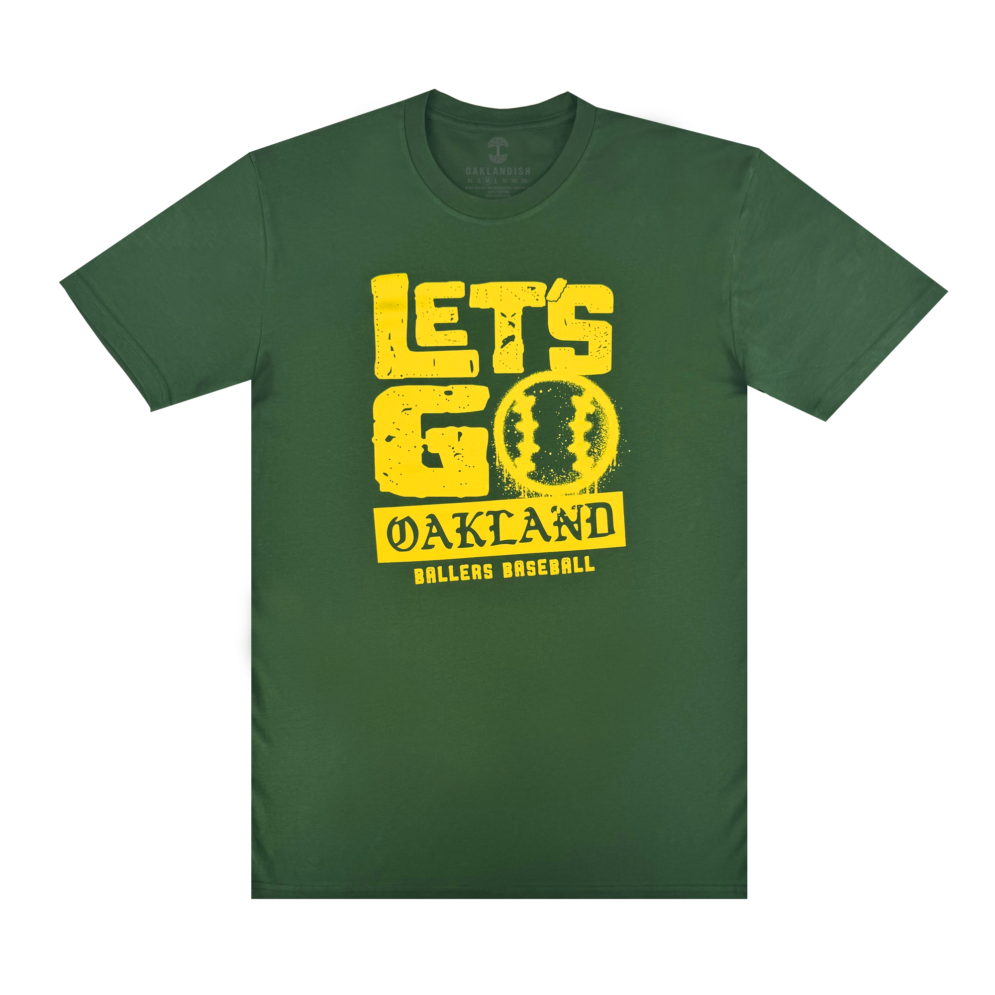 The Let's Go Oakland Tee by Oakland Ballers features bold yellow “LET'S GO” above a baseball and “OAKLAND Ballers Baseball,” honoring Oakland’s new Pioneer League team with a distressed, vintage style for dedicated fans.