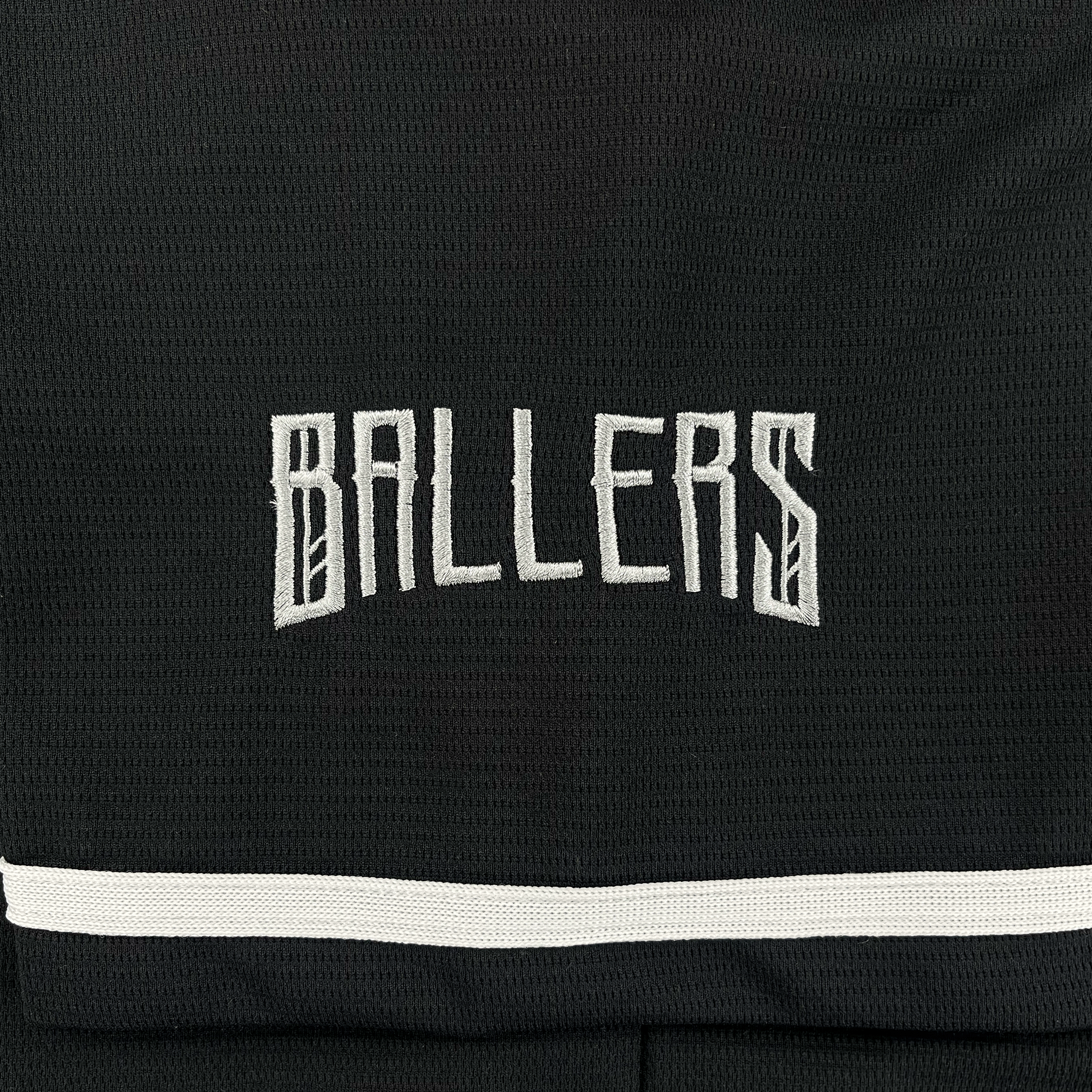 The Oakland Ballers Button Up Jersey by Oakland Ballers features black, textured mesh fabric with “BALLERS” embroidered in white uppercase letters above a horizontal white stripe, honoring the professional Pioneer League team.