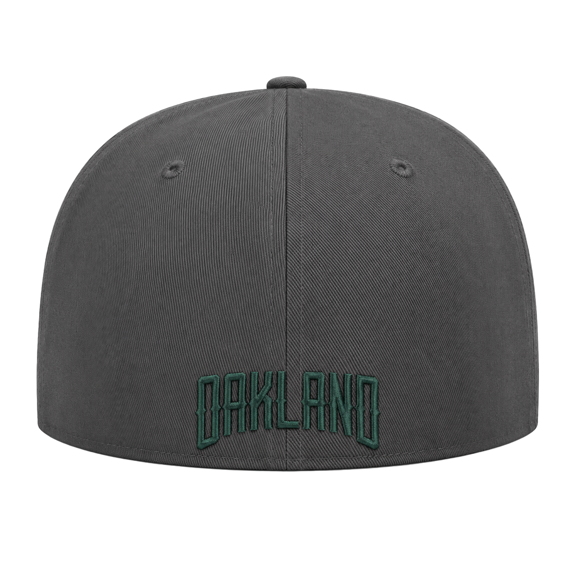 The Oakland Ballers Logo Hat by Oakland Ballers is a dark gray cap viewed from the back, featuring "OAKLAND" in green block embroidery near the edge, visible stitching, and two ventilation eyelets on each side.