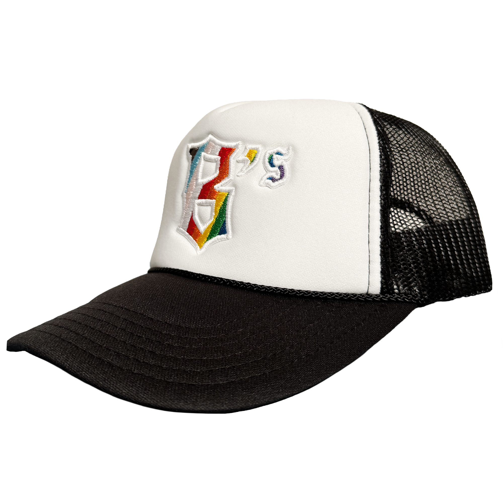 The Oakland Ballers Pride Trucker is a black and white mesh-back hat with a white front panel featuring a rainbow-embroidered "B" and small blue/yellow "'s," representing the Oakland Ballers baseball team.