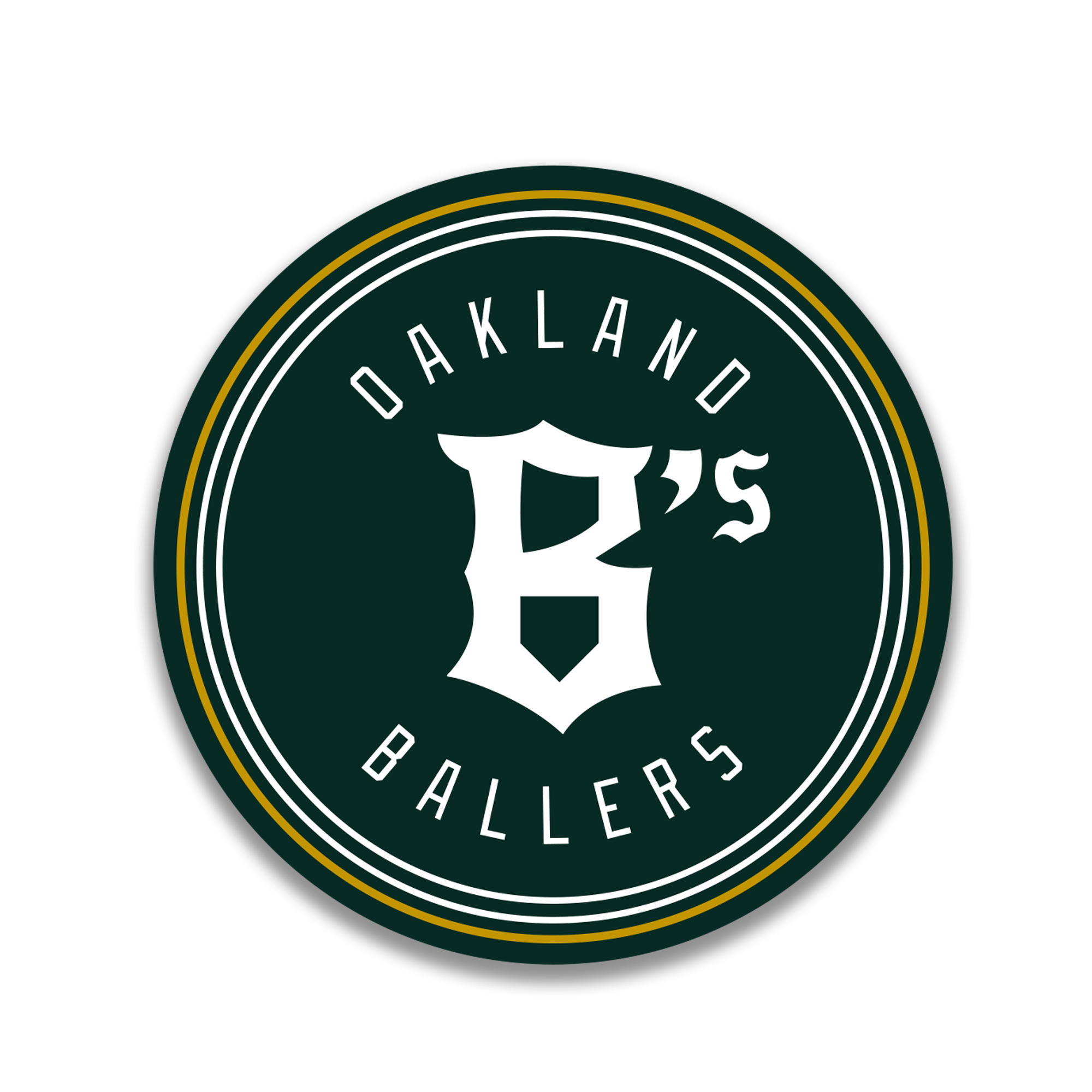 Round Oakland Ballers sticker in forest green, white, and yellow.