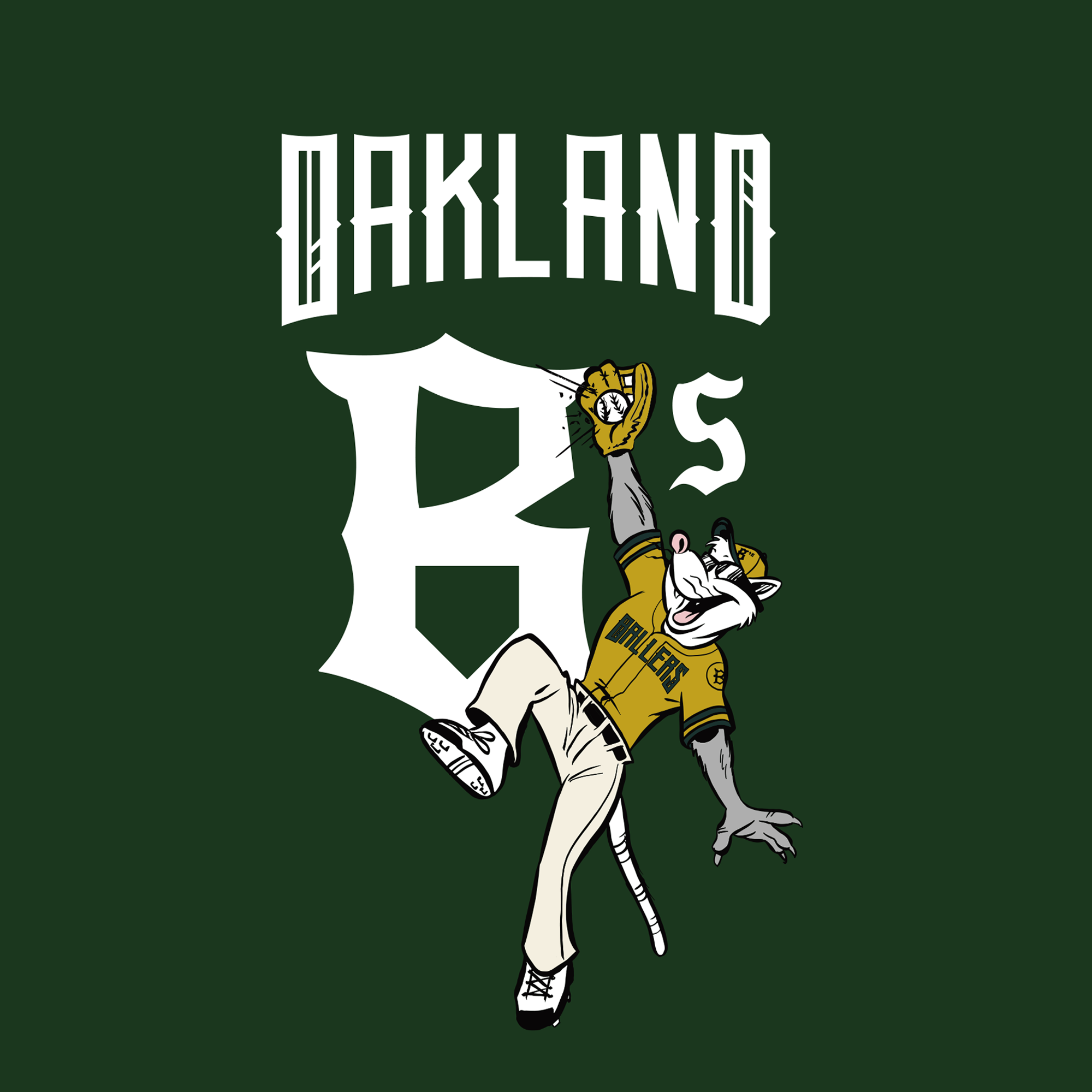 The Scrappy Jumps Tee by Oakland Ballers features a cartoon white tiger in an Oakland Ballers uniform leaping for a ball above a large stylized “A’s” logo, with bold “OAKLAND” lettering on a dark green background.
