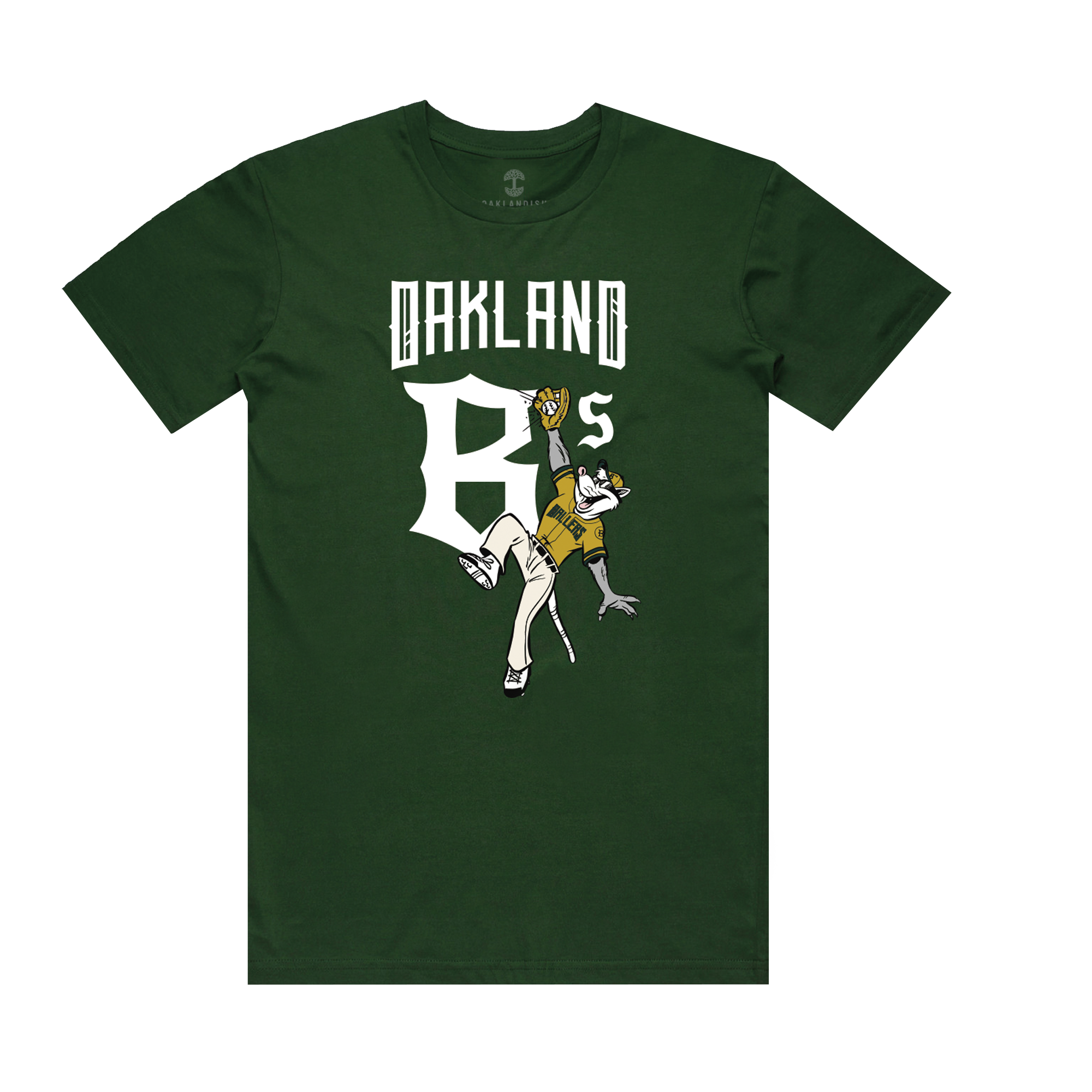 The Oakland Ballers Scrappy Jumps Tee is a dark green shirt with bold "OAKLAND B'S" lettering and a large stylized "B." Below, a cartoon bee in an Oakland Ballers uniform pitches, embodying the team’s energy.