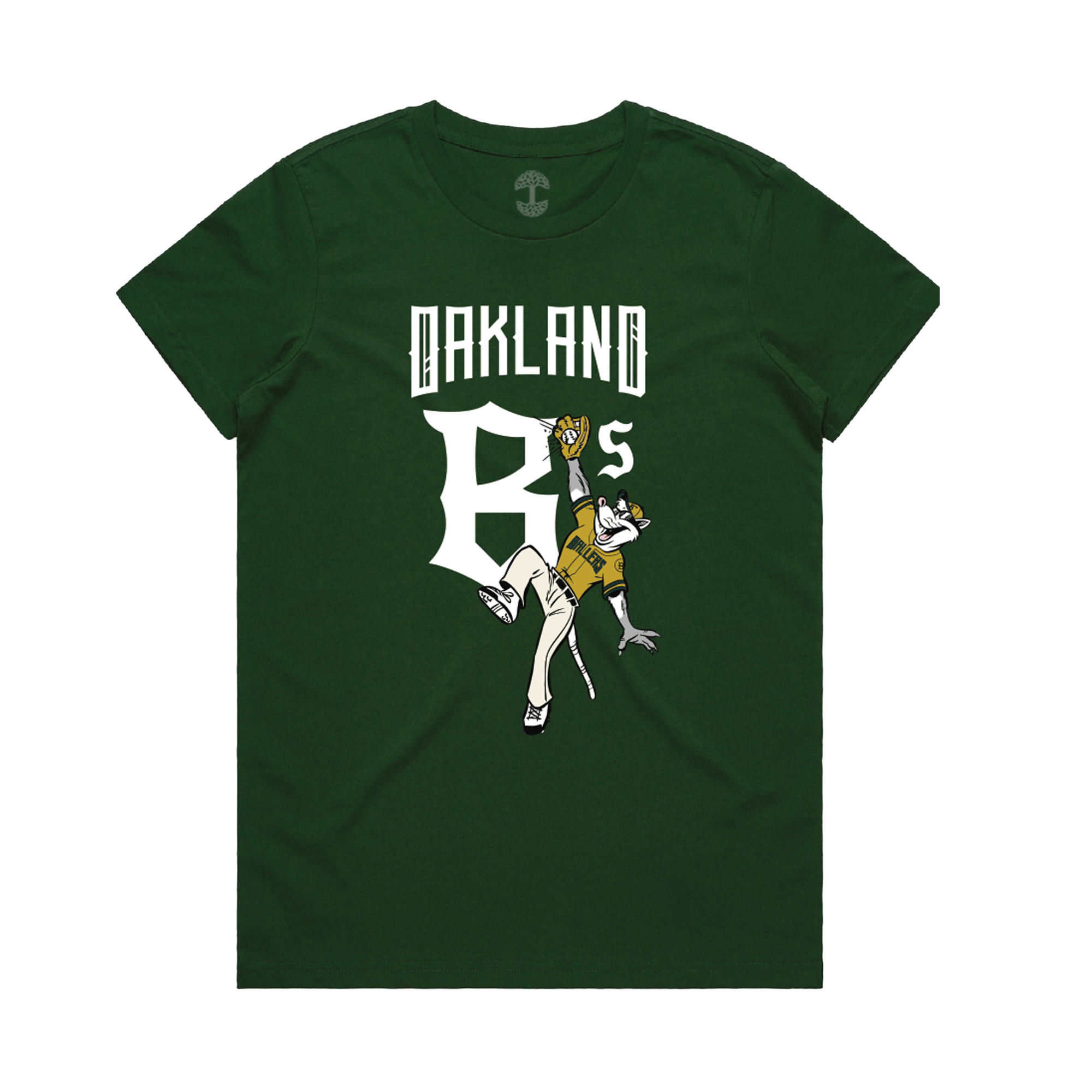 The Women's Scrappy Jumps Tee by Oakland Ballers features “OAKLAND A’s” in bold white and a cartoon dog in a yellow baseball uniform, playfully honoring the Oakland pro baseball team and its fans.