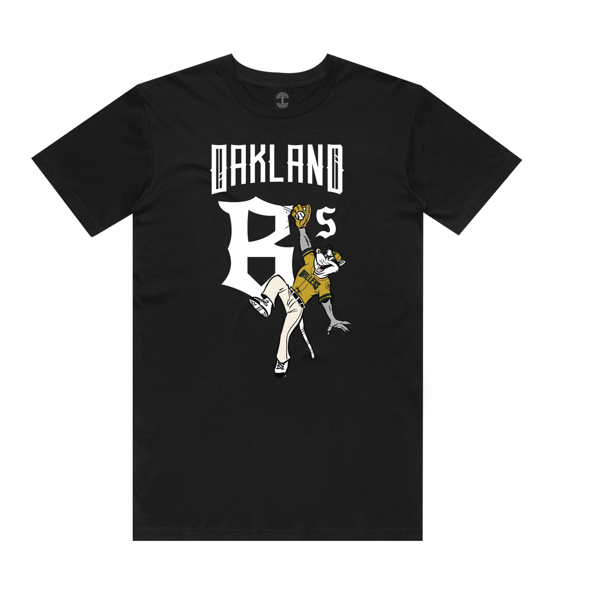 The Scrappy Jumps Tee by Oakland Ballers is a black T-shirt with “OAKLAND B'S” in bold white letters and a lively cartoon bee in a baseball uniform catching a yellow ball, embodying the excitement of Oakland baseball.