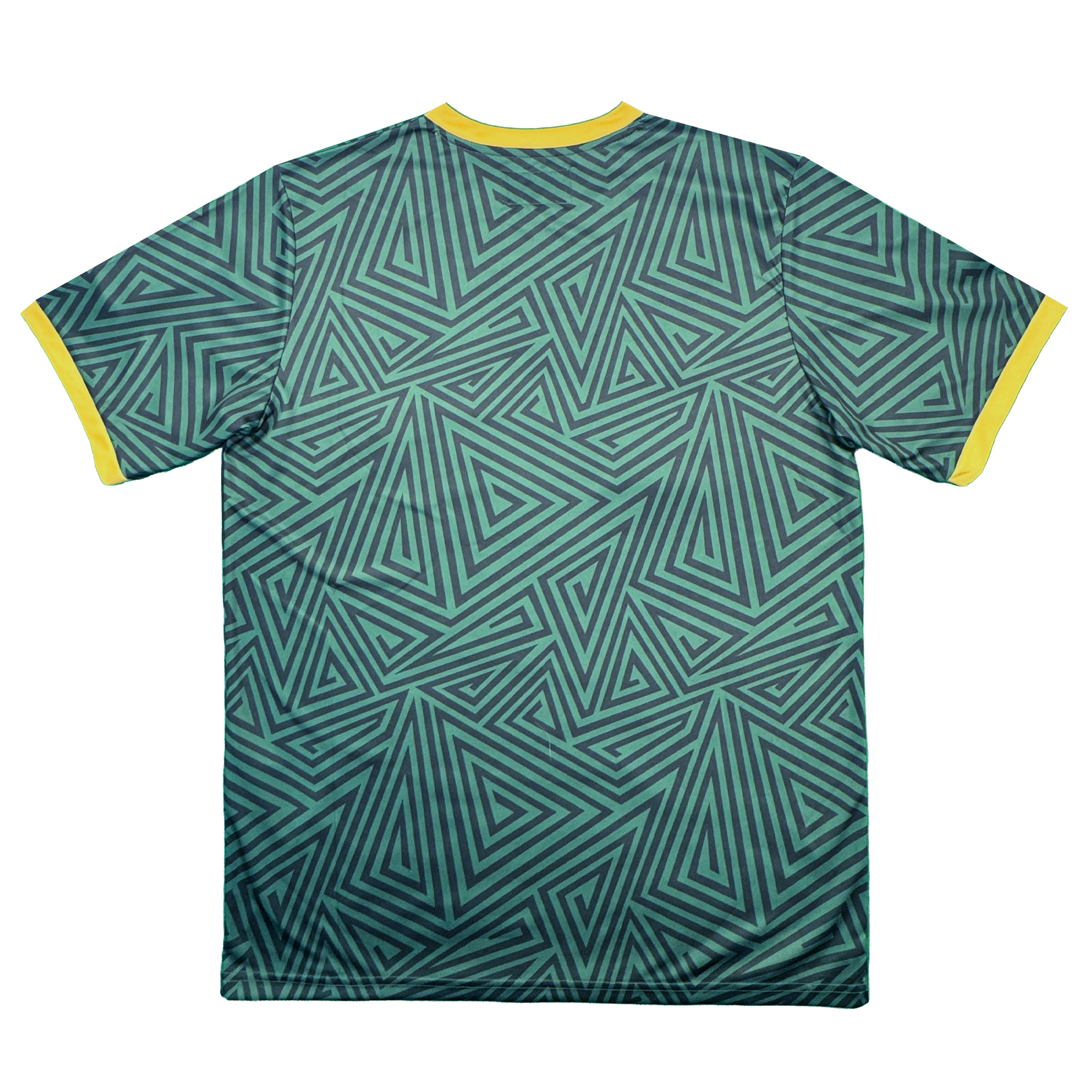 The Oakland Ballers SC Jersey by Oakland Ballers features a teal and black geometric triangular pattern, inspired by the vibrant style of the Oakland baseball team. Bright yellow collar and sleeve cuffs offer a striking contrast to the patterned fabric, evoking the look of a pro baseball jersey. The short-sleeve shirt is displayed laid flat with the back facing up against a white background.