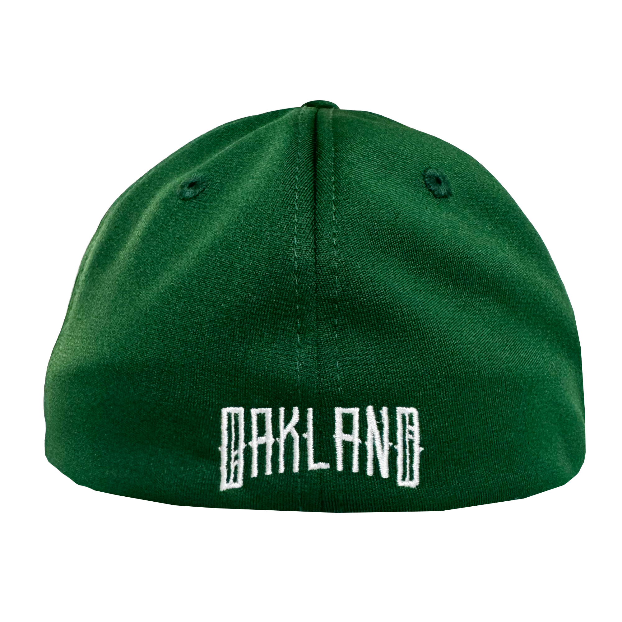 The Oakland Ballers Logo Flexfit Hat, by Oakland Ballers, is shown from the back in green with “OAKLAND” embroidered in bold white block letters. Two black ventilation eyelets are on top against a plain white background.