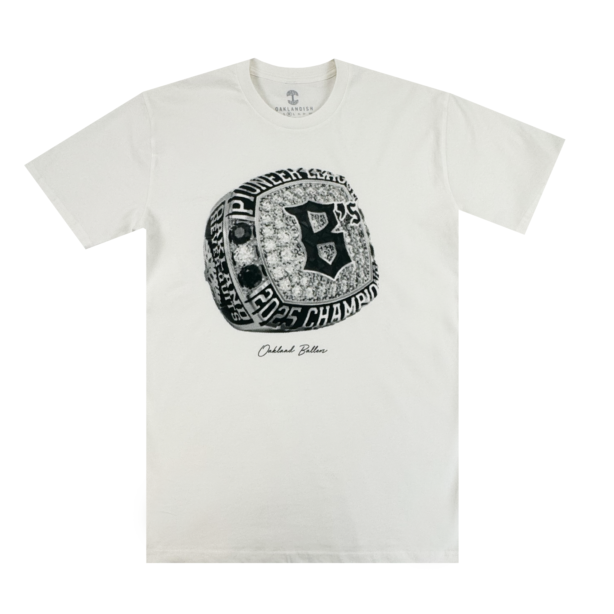 The Triumph Tee by Oakland Ballers features a detailed championship ring graphic with "Pioneers," "2005 Champions," a bold "B," and “Outfield Bullies” in script—perfect for Pioneer League or Oakland Ballers fans.