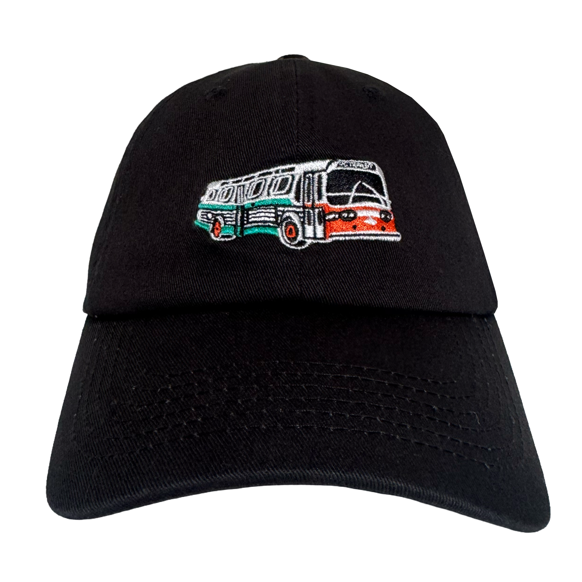 The Oaklandish AC Transit Dad Hat features a black design with an embroidered vintage AC Transit bus in green, white, and orange on the front—an homage to transit history viewed against a plain white background.