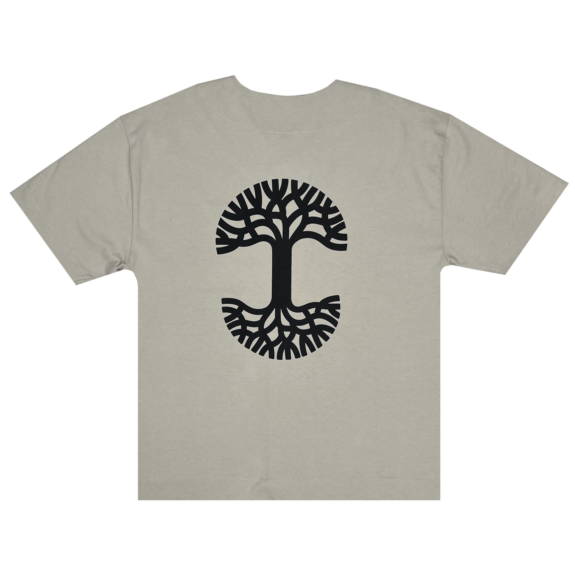 Backside view of bone-colored baseball jersey with large black Oaklandish tree logo print in the center.