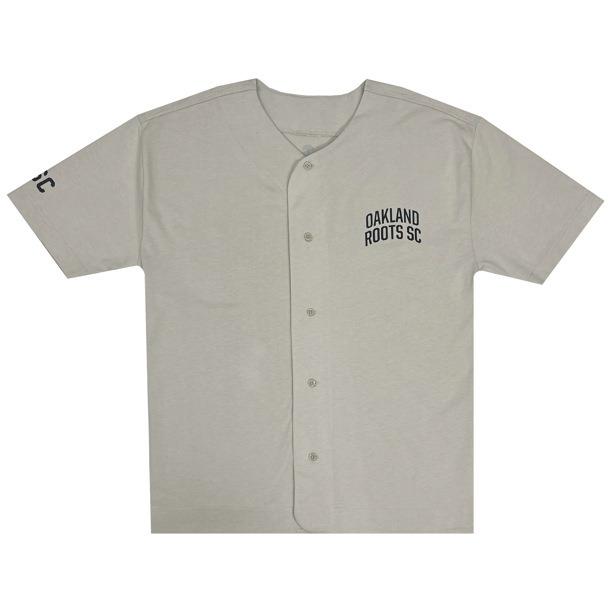 Bone-colored button-up baseball jersey with black OAKLAND ROOTS SC wordmark on the left chest.