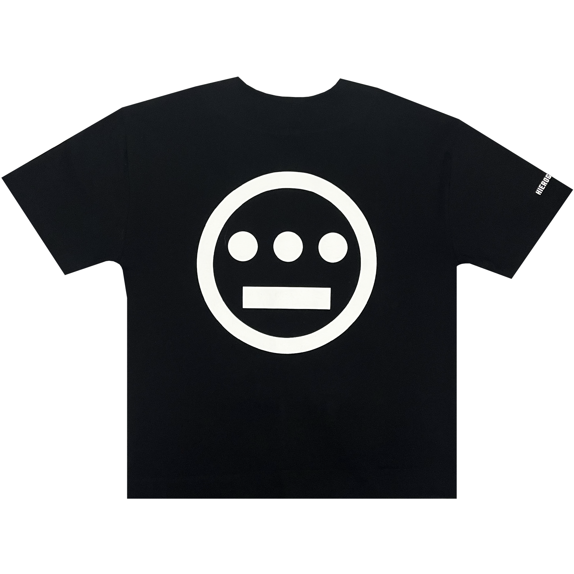 Introducing the Hiero Heavy Button-up Baseball Jersey from Hieroglyphics: a black baseball jersey featuring a white circular symbol on the back. The symbol, composed of three horizontal dots above a horizontal rectangle, evokes a minimalist face design. The sleeves are plain with no extra designs or text, and it's available in men's sizing, exuding an enigmatic hieroglyphics aesthetic.