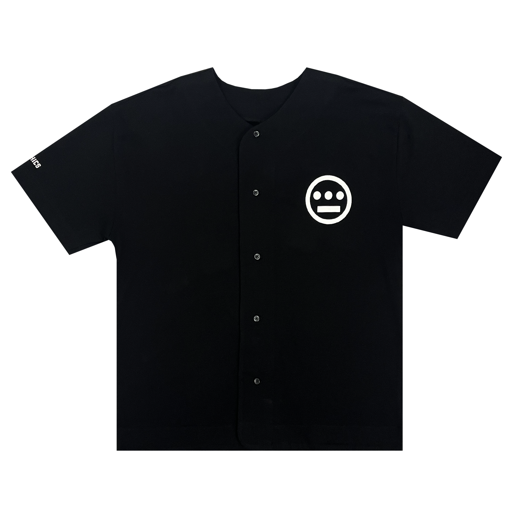 Black button-up baseball jersey with white Hieroglyphics Hip Hop logo on left chest wearside.