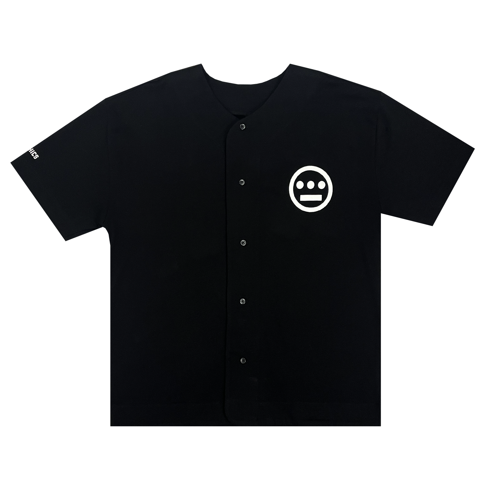 The Hiero Heavy Button-up Baseball Jersey by Hieroglyphics in men's sizing is a black, short-sleeve shirt featuring a minimalist white face logo on the upper left chest. It boasts a simple collar and evenly spaced buttons down the front. The left sleeve showcases subtle white text near the hem, all set against a plain white background.