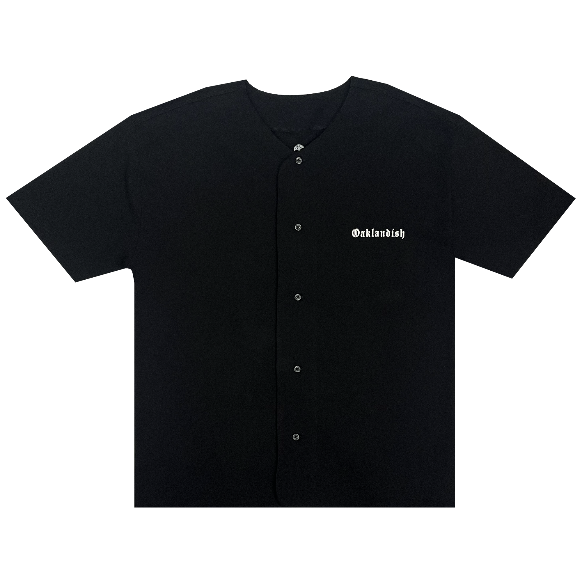 Black button-up baseball jersey with white OAKLANDISH wordmark on the left chest.