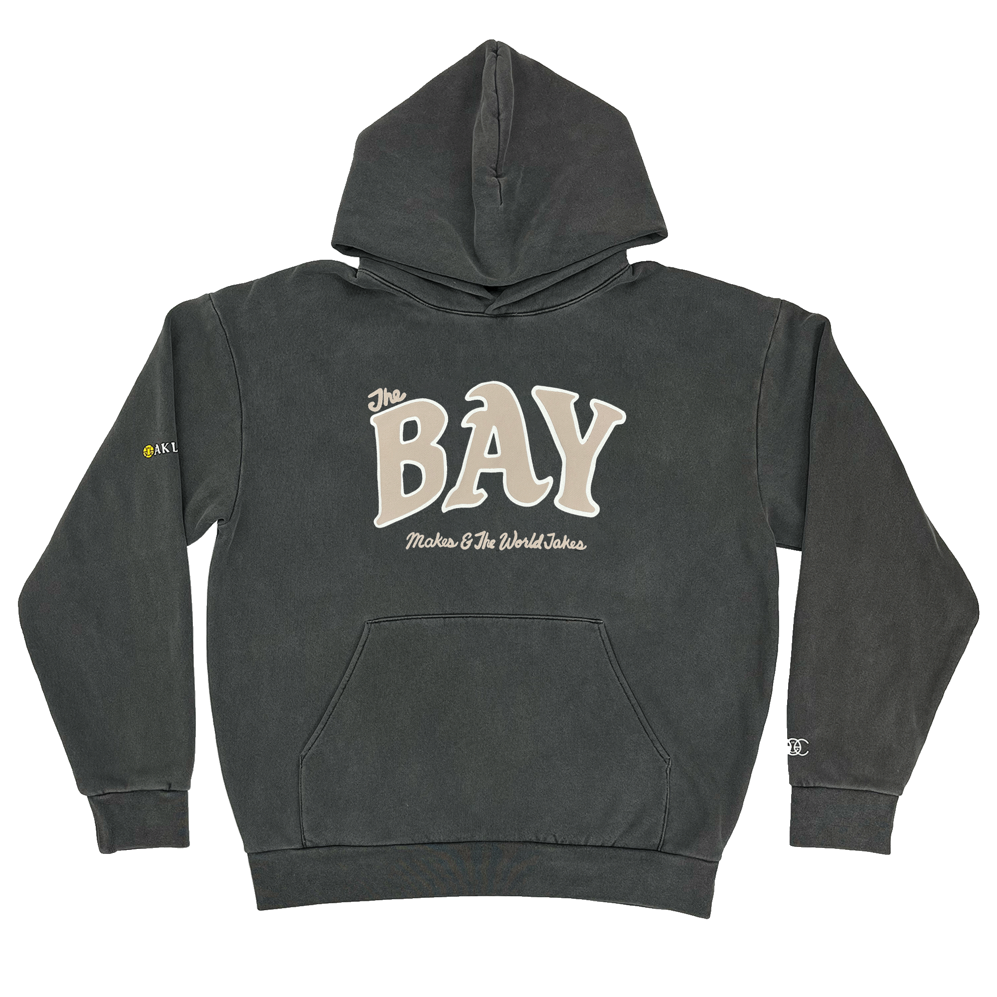 Front view of a pigment black pullover hoodie sweatshirt with a large tan The Bay Makes, The World Takes logo on the front chest.