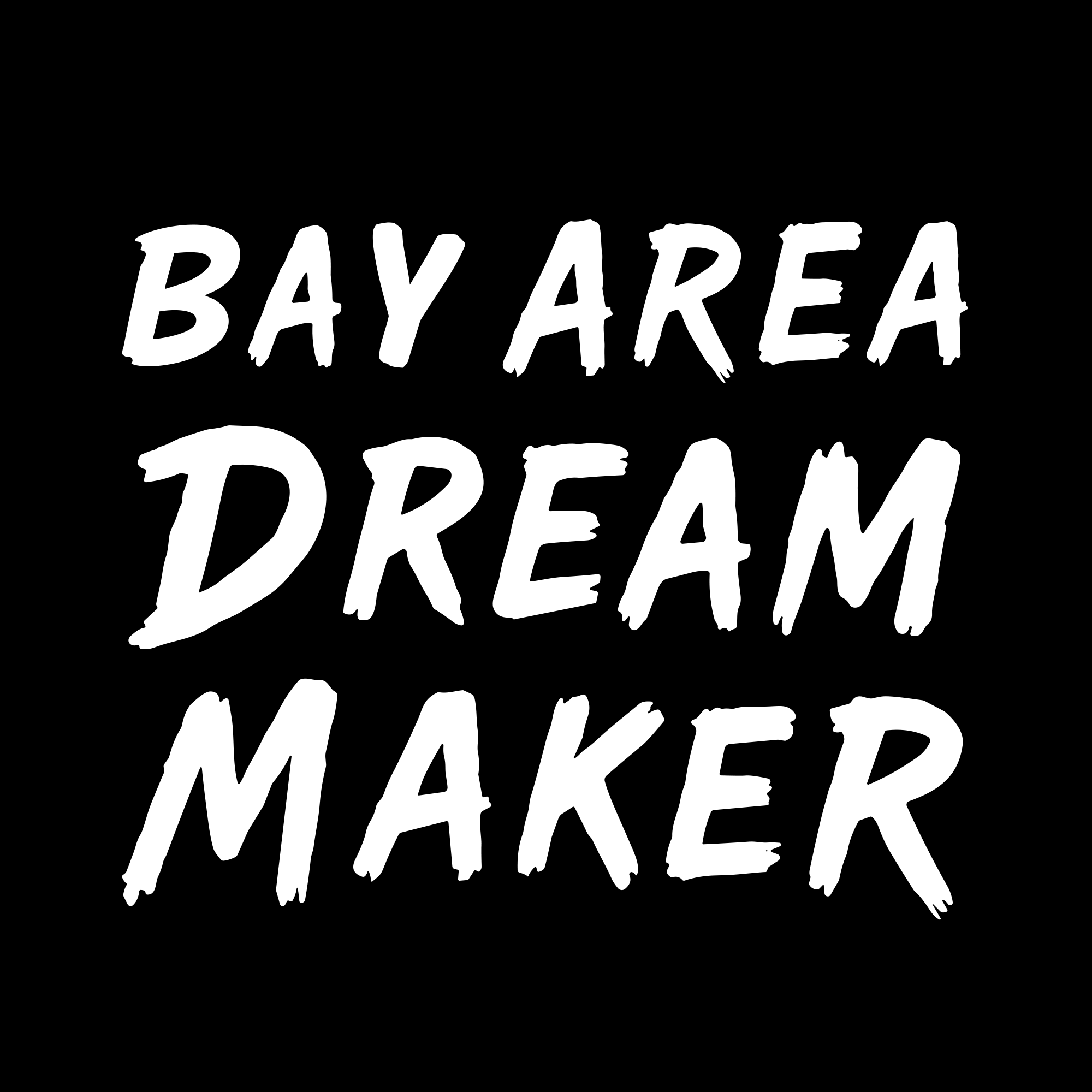 White, bold, uppercase "BAY AREA DREAM MAKER" lettering is centered on a black background. The dynamic handwritten font makes this Oaklandish Women's Bay Area Dream Maker Tee perfect for music makers and fans of vibrant artist apparel.