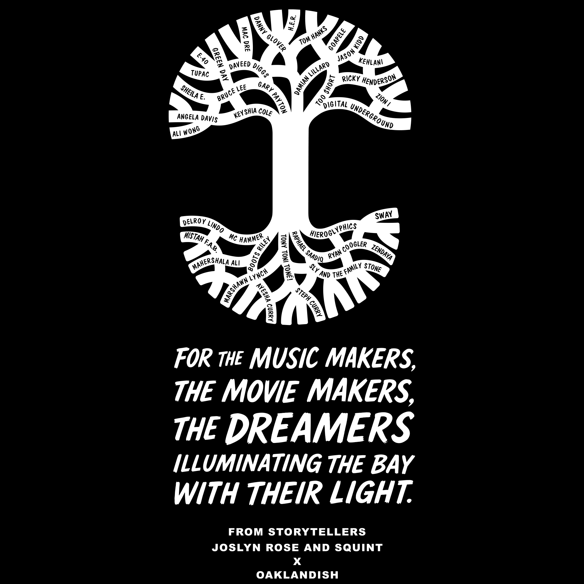 The Women's Bay Area Dream Maker Tee by Oaklandish features a white tree in the shape of a "C" on black, symbolizing roots and branches made of names. Text below reads: "For the music makers, the movie makers—Bay Area Dream Maker.
