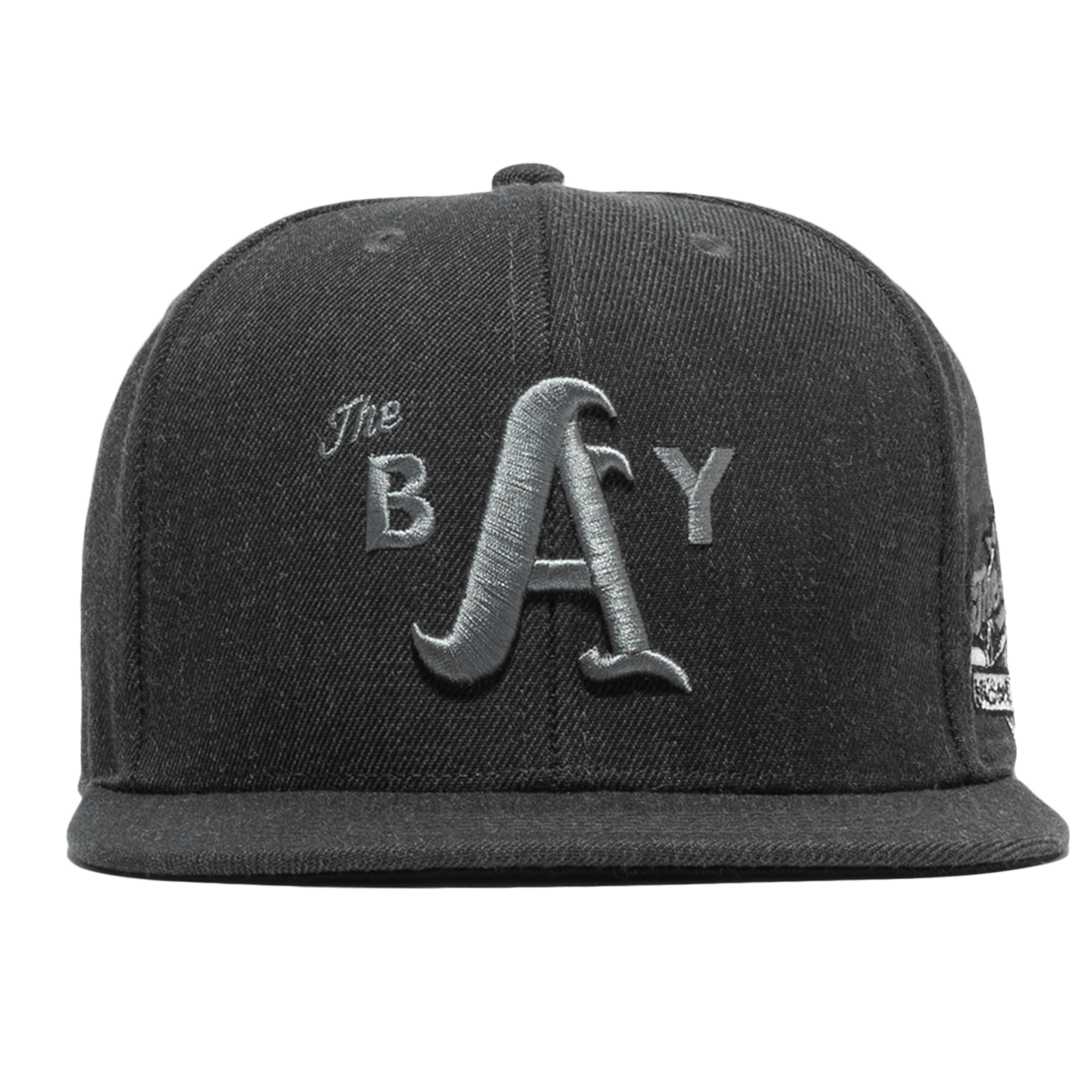 Front view of a Charcoal hat with 3D grey embroidered The Bay logo on the crown and square flat bill.