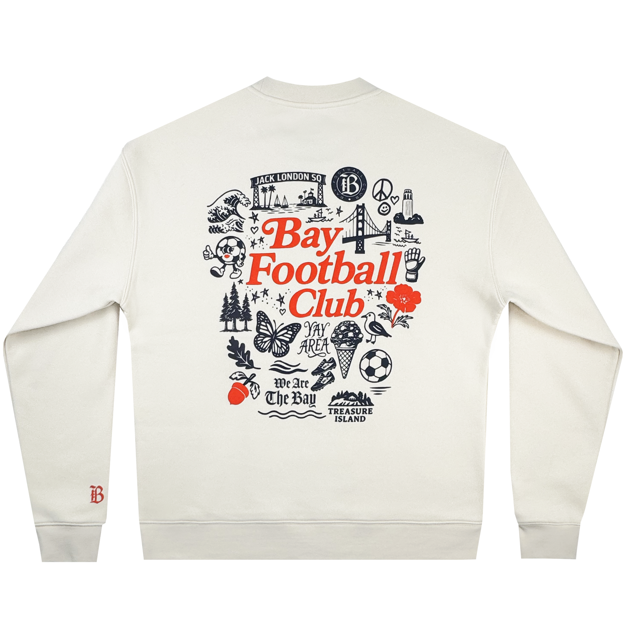 The Bay FC Jubilee Crew is a white men’s crewneck sweatshirt featuring an orange "Bay Football Club" graphic with black bridge, tree, bear, and soccer ball illustrations on the back plus a small orange "B" logo on the left wrist. Brand: Bay FC.