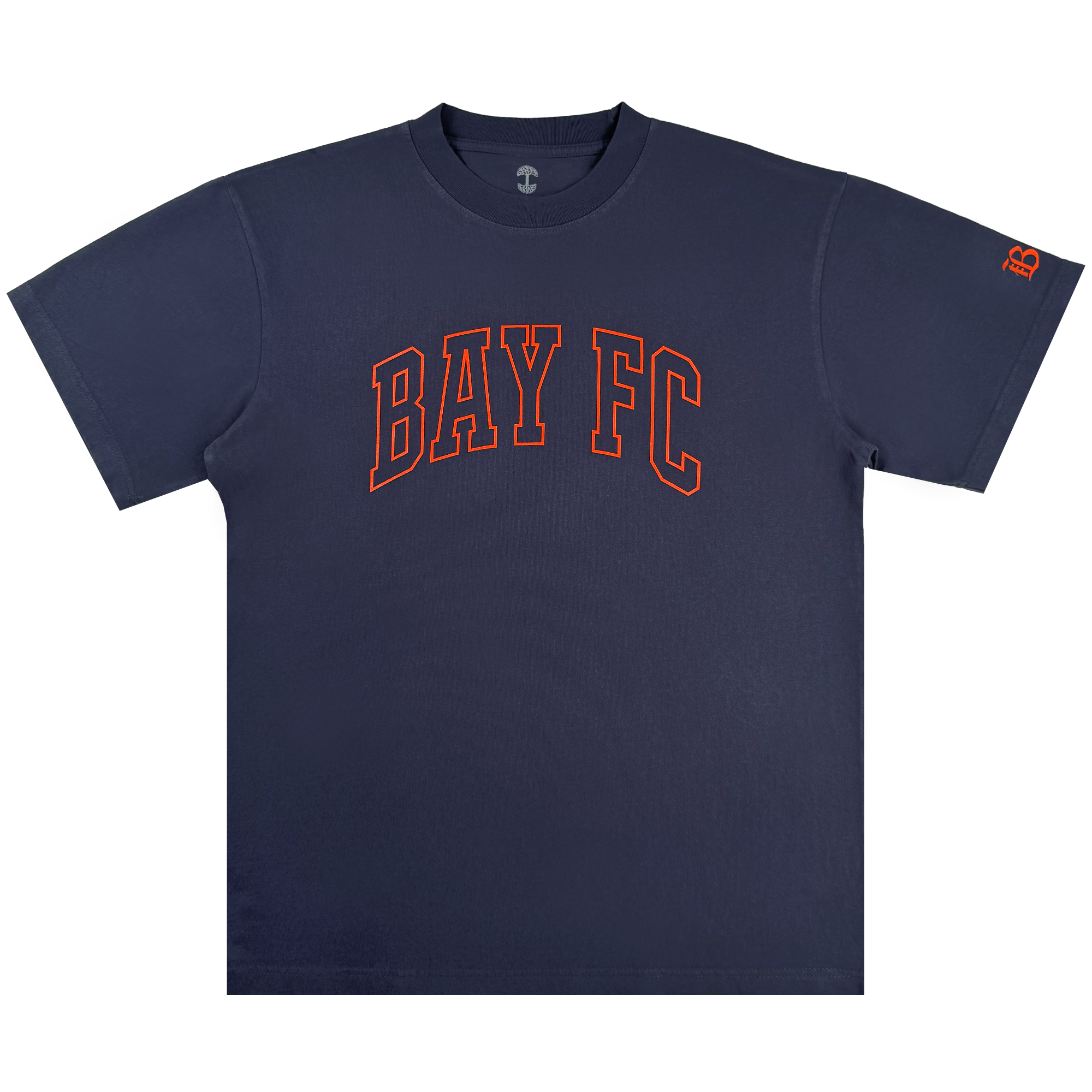 The Bay FC Varsity Tee is a classic fit, heavy-weight cotton navy shirt with bold orange "BAY FC" text on the chest and a small orange "B" logo on the left sleeve, shown flat on a white background.