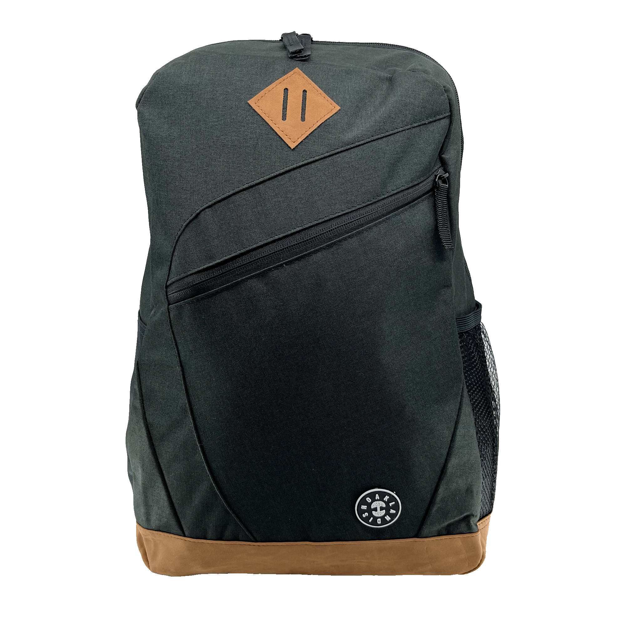 Black school backpack with front zip pocket and brown base with Oaklandish tree logo and wordmark.